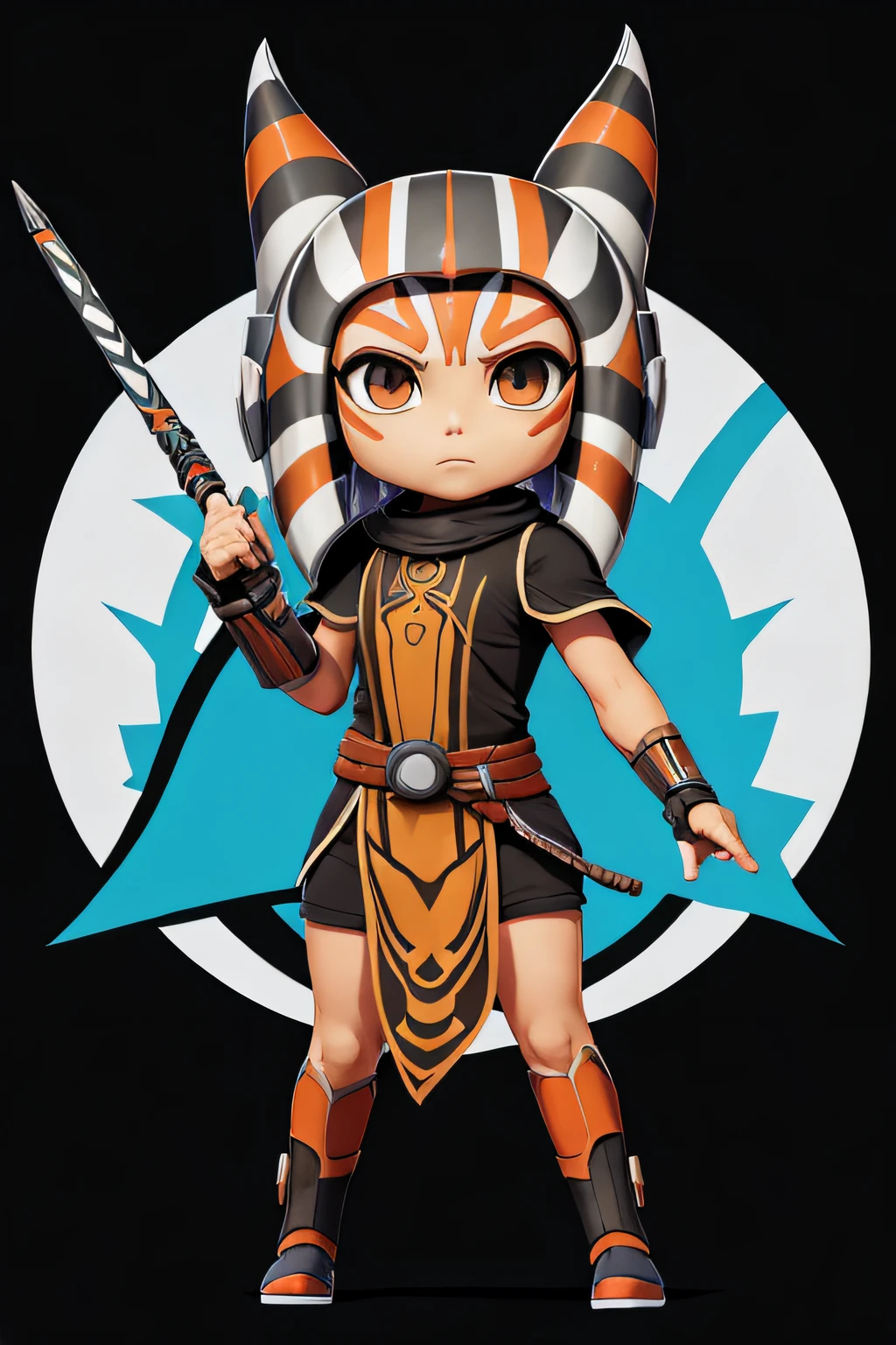 A colorful Chibi Ahsoka Tano tshirt design with a bold black background