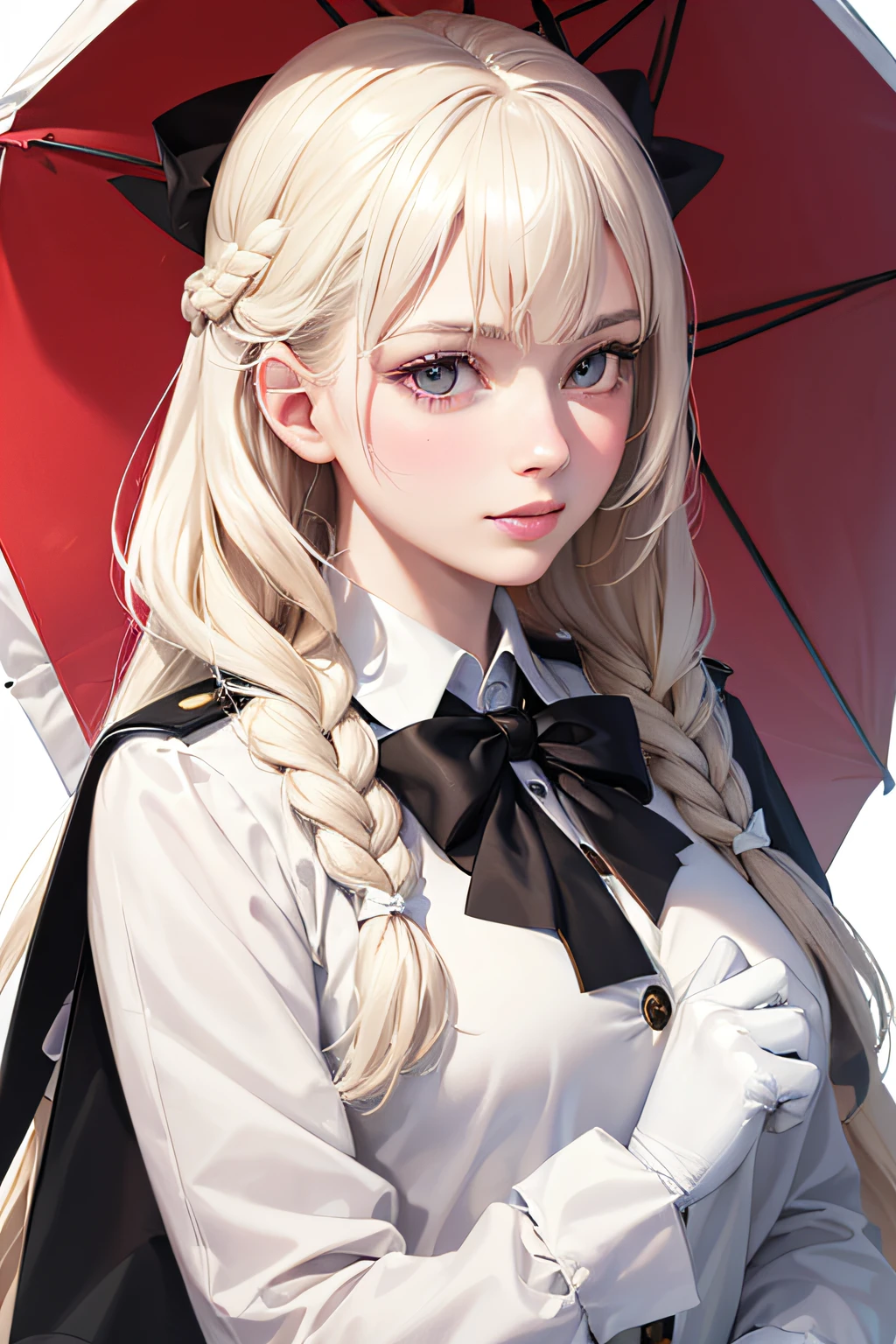 "(best quality,4k,8k,highres,masterpiece:1.2),ultra-detailed,(realistic,photorealistic,photo-realistic:1.37), manhwa art european 17 year old schoolgirl, very pale porcelain skin, platinum blonde long french braided hair, crazy scarlet eyes, platinum blonde long eyelashes, gentle expression, v shaped face, platinum blonde eyebrows, full pink lips, soft face features peaceful warm smile, fully covered body wearing a high collared white school coat with school logo and a bow tie, wearing black gloves and has a black opened umbrella in hand, manic but warm character, 8k, detailed features, bright lighting, blurred background