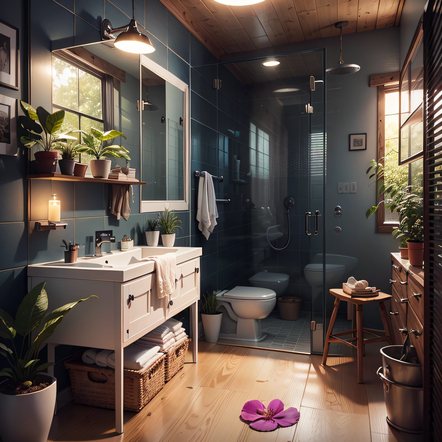 A bathroom in a luxury cabin, rodeada de plantas y musgos Obra maestra, La mejor calidad, (fondo de pantalla CG 8k extremadamente detallado), (La mejor calidad), (best illustration), (Mejor sombra), ,glowworm,petal,ventanas brillantes,isometric 3D, Renderizado de octanaje,Trazado de rayos,Ultra detallado, Estilo de casa Jawa