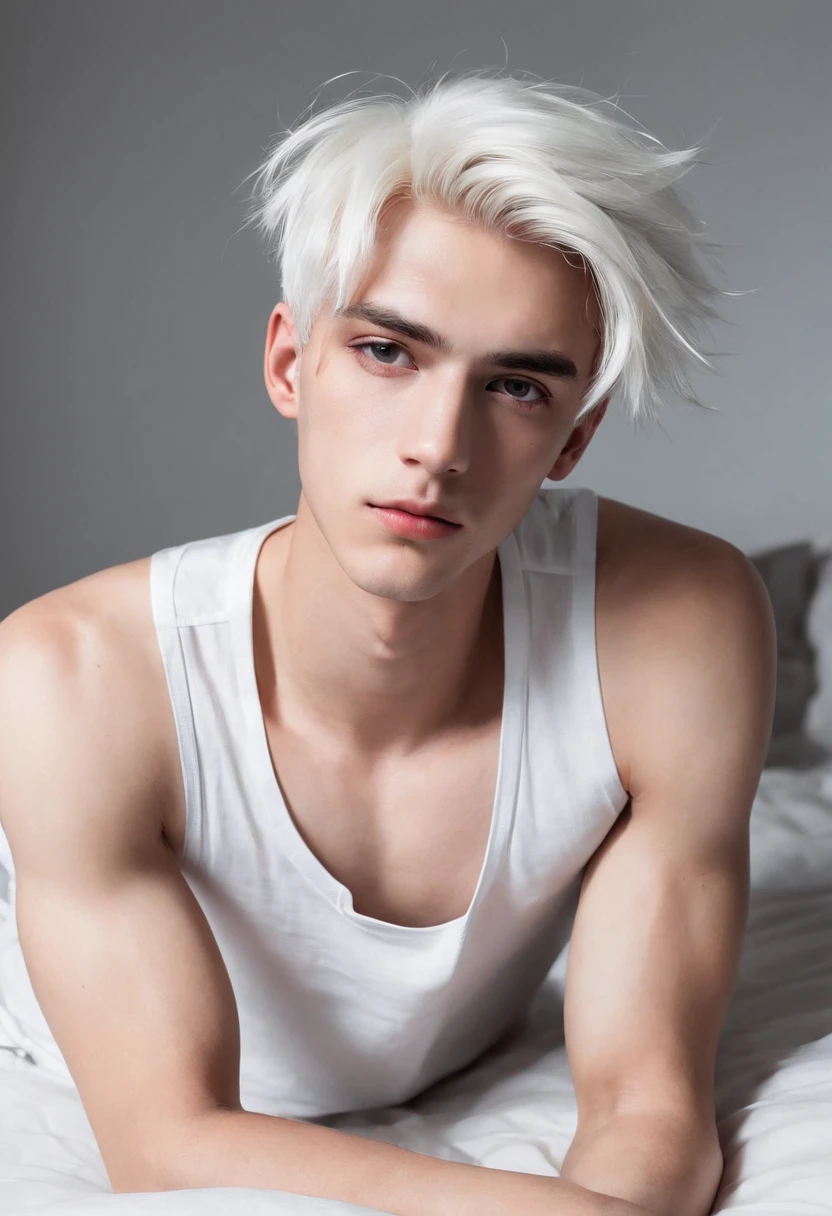 20-year-old male with white hair, two block haircut , dressed in a plain white tank top, lying on a bed, pensive expression