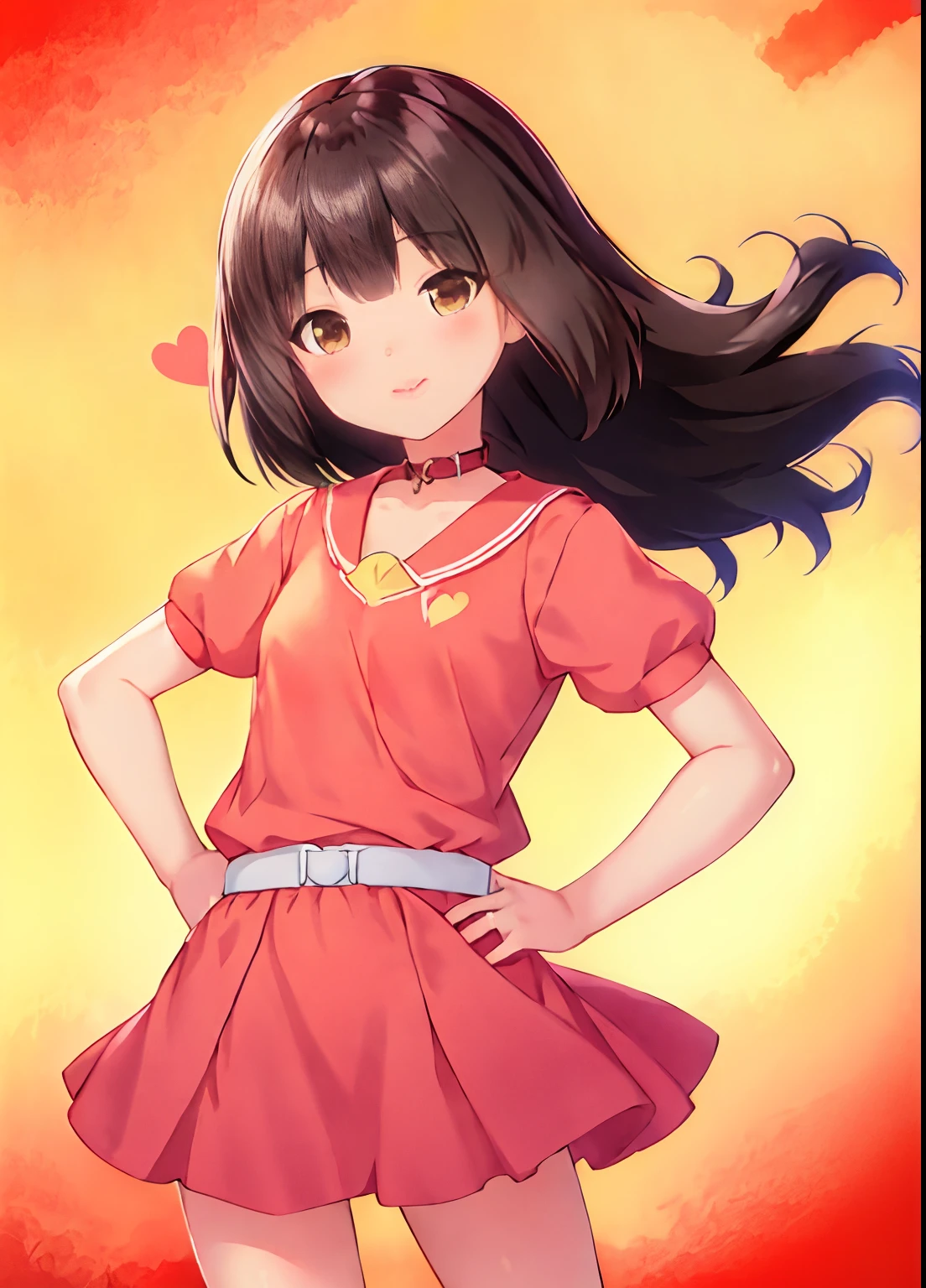 masutepiece,Best Quality,Upper body,1girl in,Wearing a very detailed red collar_Shirts and flares_Skirt as a material 2,Yellow theme,Flat color,polarity,Baser Mohawk,Small breasts,Black eyes,heart in eye,Cowboy Shot、