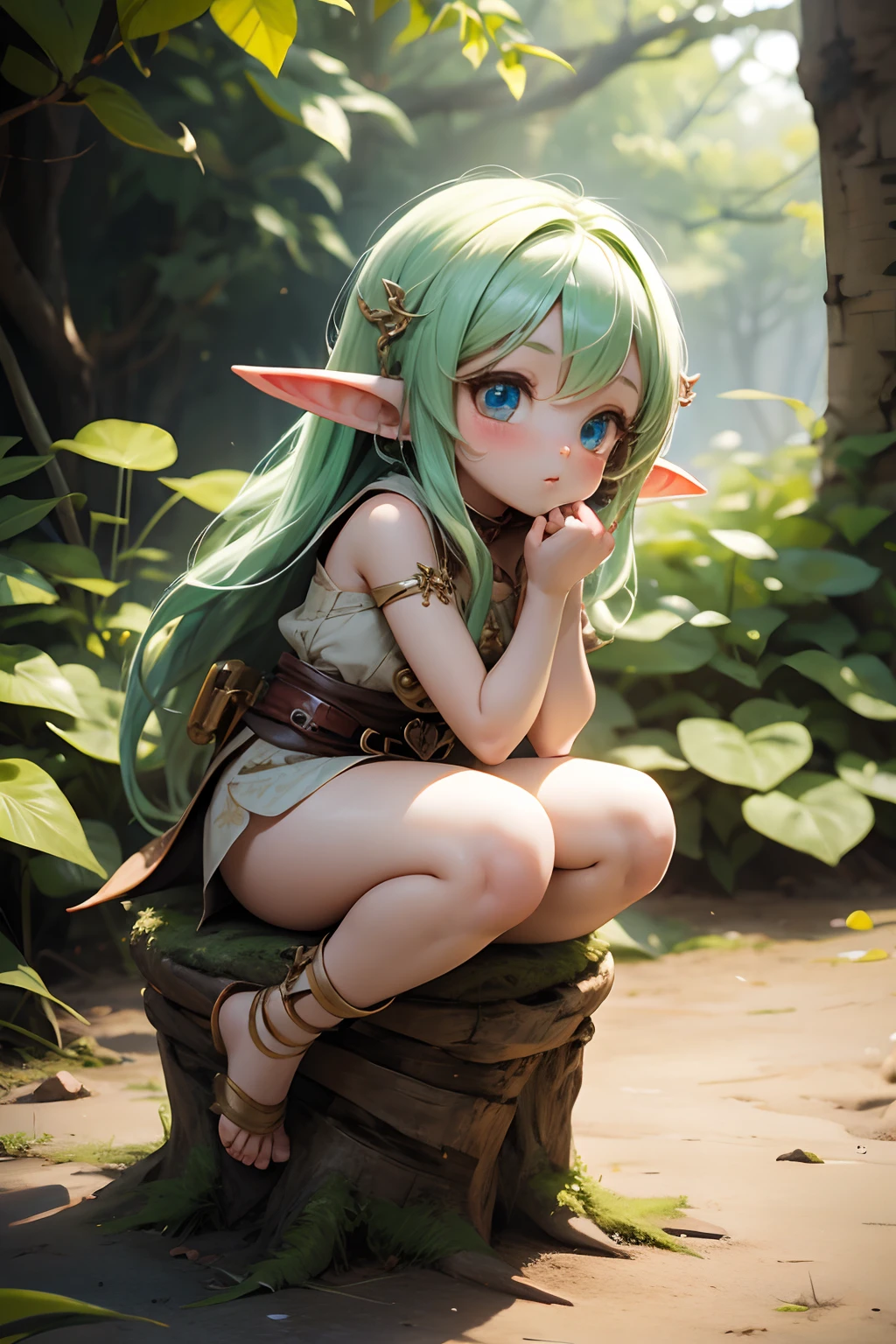 naked Forest horny skinny girl elf with long legs, eyes same color, aroused face expression, big hairy pussy, hairy pussy, pussy everywhere, masturbating, naked green Goblins, horny Goblins, cum leaking from her aroused pussy, Magical forest, old castle in background, lots of trees, dusk, sun is low, shade.