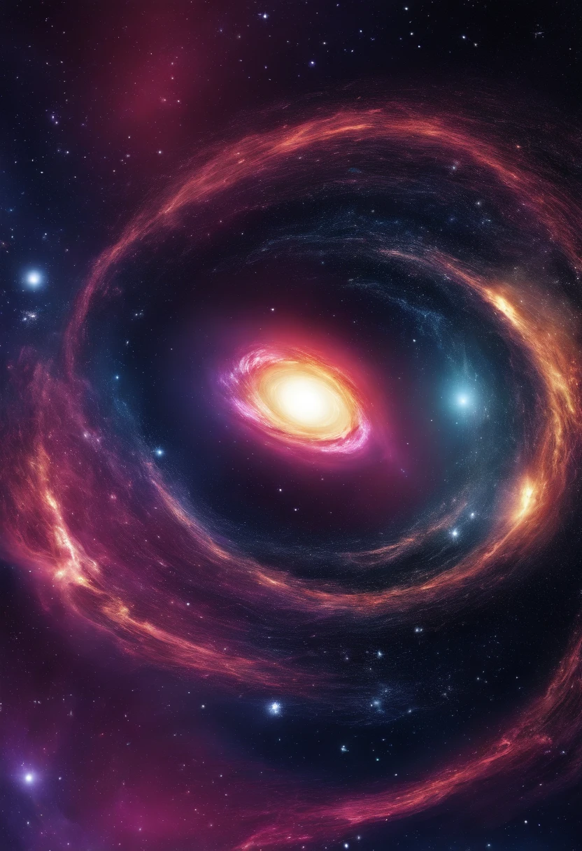 Generate an artist's rendering of a supermassive black hole, Sagittarius A*. Show it surrounded by swirling, distorted space-time to illustrate its immense gravitational influence.