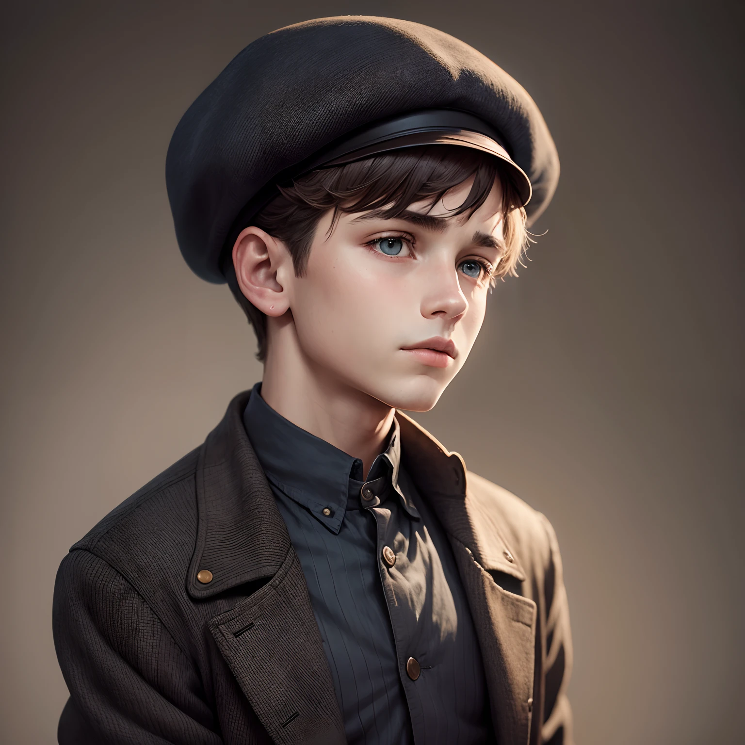 1900's clothes, ???, beret, solo, realistic, boy, great depression, young teenage