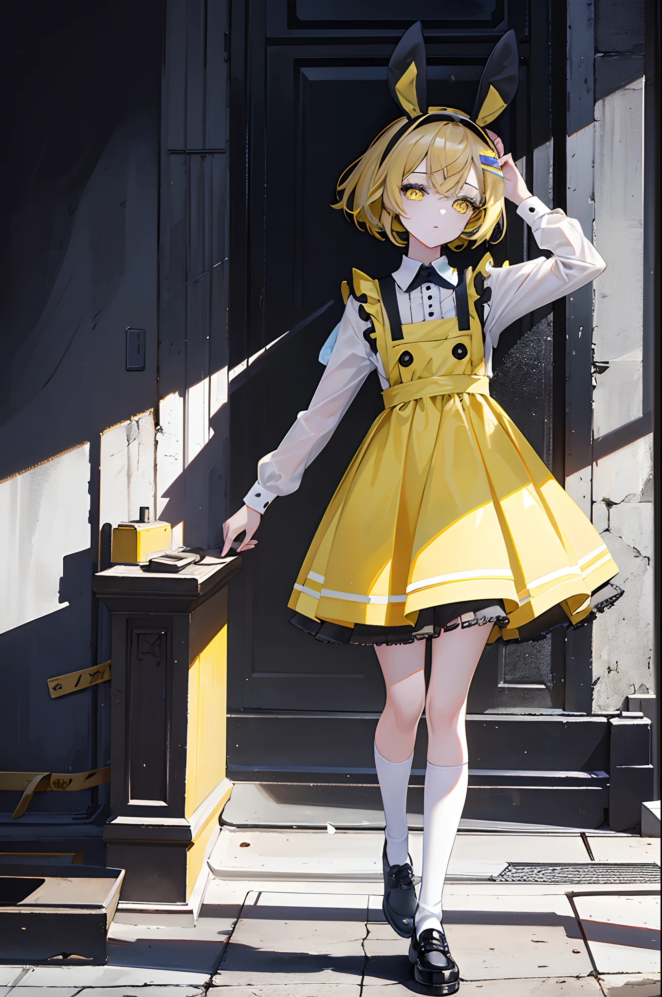 s girl alice Yellow and black clothes pinafore catss bunny rabbit masterpiece Top image quality Darken shading(light) Clear cinematic shadow Increased attractiveness of the eyes {Perfect face} Clear the shine of the eyes Draw eyelashes neatly