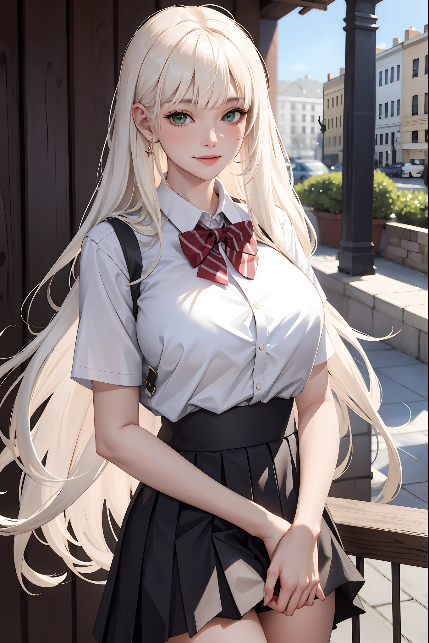 (masterpiece:1.2, best quality), (real picture, intricate details), 1lady, solo, upper body, long hair, light makeup, natural fabrics, close-up face, happy, smile, blushing, really long light platinum blonde hair, platinum blonde voluminous hair, cute bangs, hair bangs, bangs between eyes, soft bangs on forehead, green eyes, mature face, 1female, 1woman, 1beautiful girl, big tits, big breasts, school uniform, school t-shirt, school skirt, pleated skirt