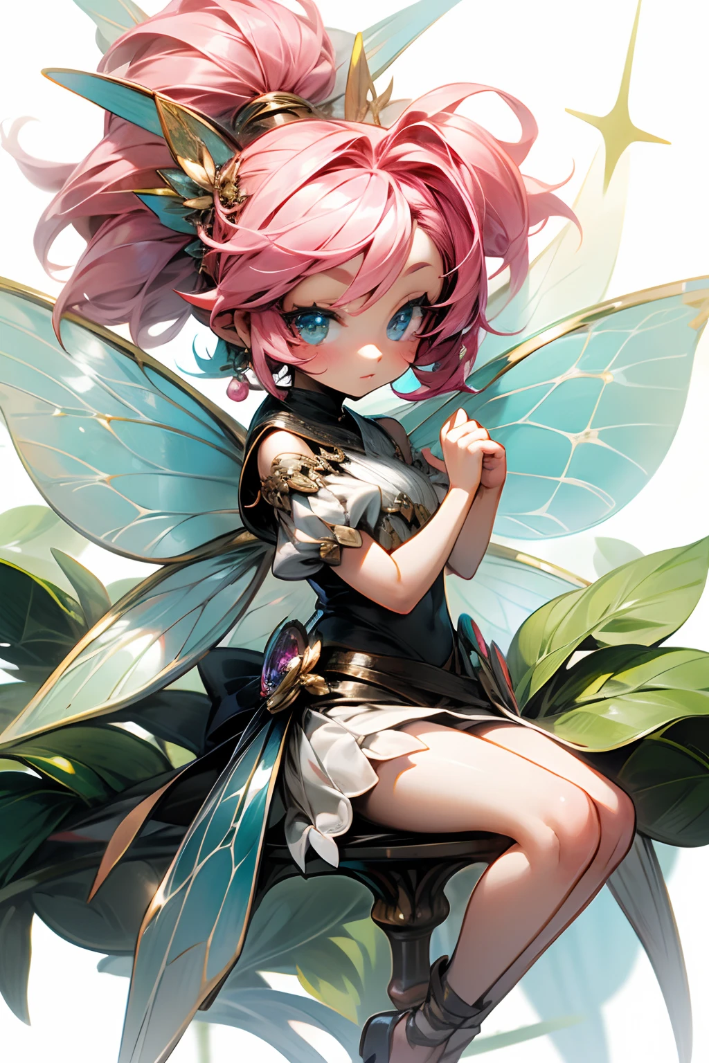 Masterpiece, absurdres, best quality, peony_heroes, fairy, smile, short dress, thigh boots, wings, sitting, hugging own legs, <lora:peony:1>