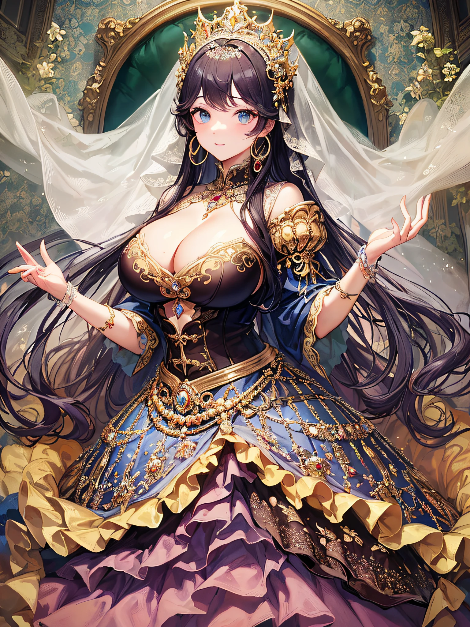 (masterpiece, best quality,extremely detailed:1.1),(moe anime art style:1.3),1 girl,((full body portrait)),standing in garden,((solo)),cute,kawaii,digital art,(((1 princess wearing gorgeous princess rococo ballgown with voluminous full length hoop skirt))),((crinoline)),long train,((beautiful embroidery and jeweled)),voluminous frills,See-through,(gorgeous embroidery and beautiful lace),(((gigantic tits,skindentation,cleavage))),(((very long hair,very long straight hair))),((finely detailed face and eyes)),clear pupil,extremely gorgeousfull hair ornament,(bling-bling jeweled extremely gorgeousfull tiara),(bling-bling gorgeous gemstone jewelry),long veil,(beautiful background),full body,((gorgeous princess rococo ballgown with voluminous full length hoop skirt))