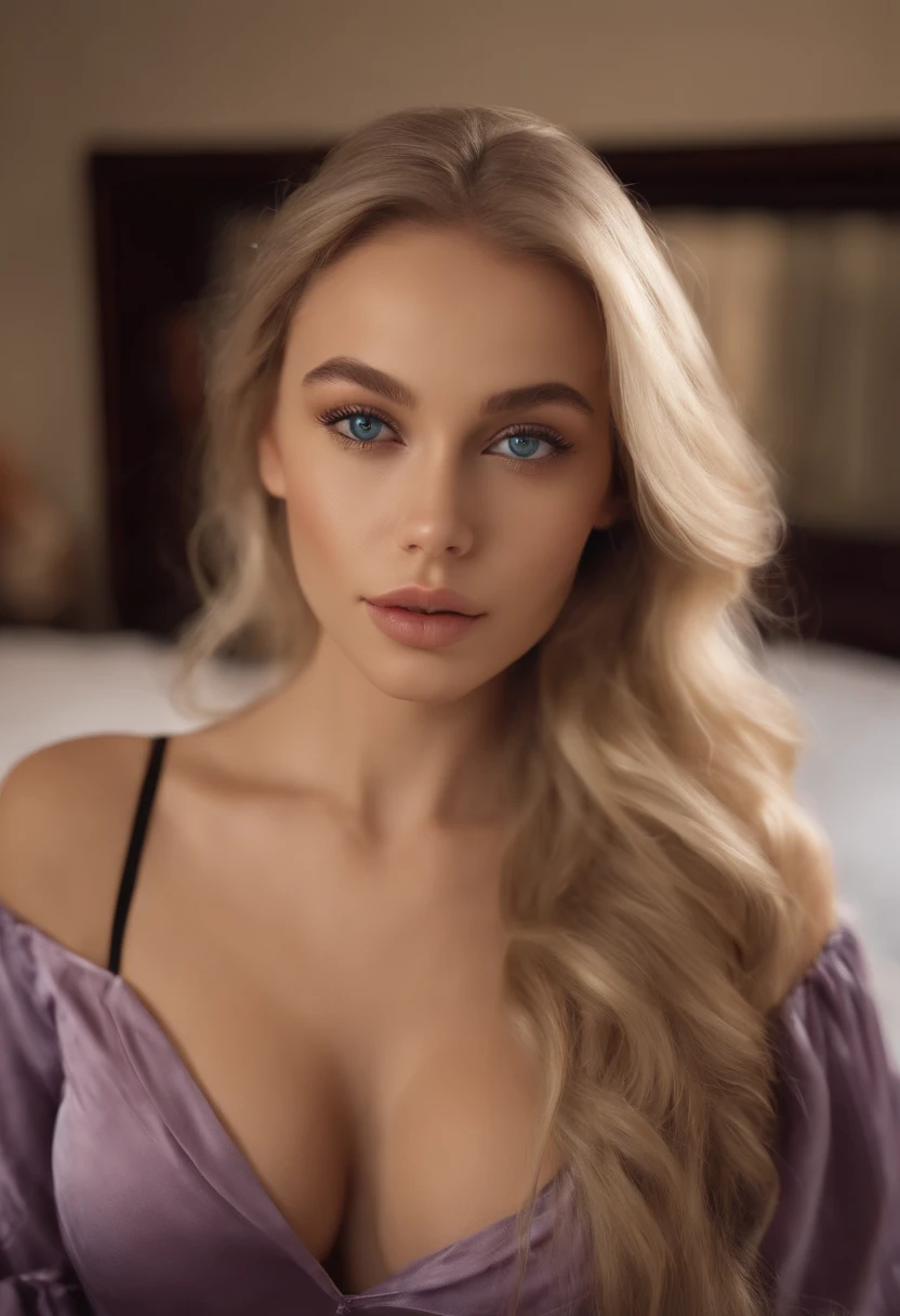 arafed woman fully , sexy girl with blue eyes, ultra realistic, meticulously detailed, portrait sophie mudd, blonde hair and large eyes, selfie of a young woman, bedroom eyes, violet myers, without makeup, natural makeup, looking directly at the camera, face with artgram, subtle makeup, stunning full body shot in a bedroom, in bed room, medium to large size bust, black silk lingerie