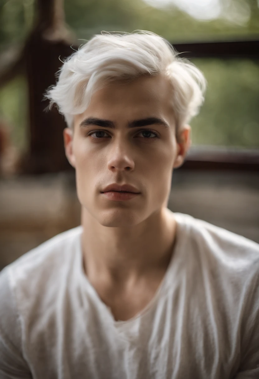 20-year-old male with white hair, two block haircut , dressed in a plain white tank top, lying on a bed, pensive expression