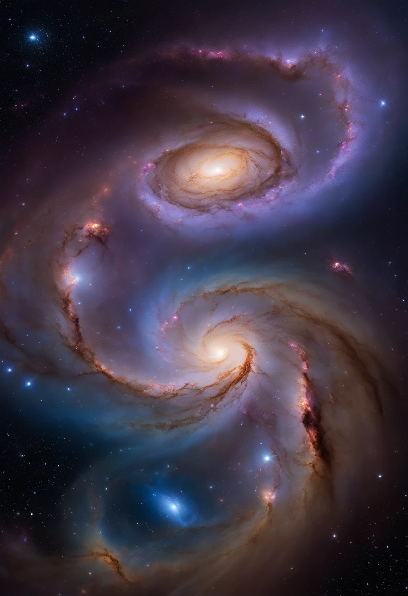 A detailed and realistic portrayal of a mesmerizing collision of ethereal galaxies, swirling in radiant hues of iridescent purples and celestial blues.