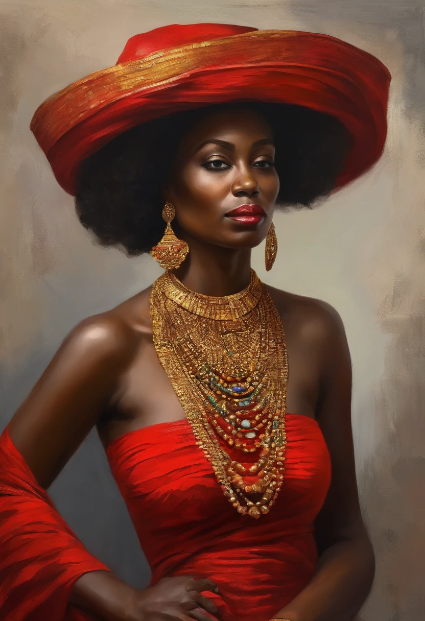 Beautiful woman Ebitimi wearing red dress, gold jewelry, (((big boobs))), (((cleavage))), vestido ornamentado vermelho, mulhee negra africana, mulher vermelha bonita, usando um vestido africano, beleza estonteante, mulher deslumbrante, Tema vermelho cabelo ondulado, mulher africana