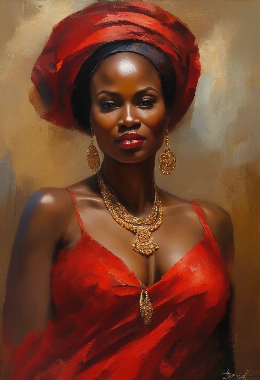 Beautiful woman Ebitimi wearing red dress, gold jewelry, (((big boobs))), (((cleavage))), vestido ornamentado vermelho,  mulhee negra africana, mulher vermelha bonita, usando um vestido africano, beleza estonteante, mulher deslumbrante, Tema vermelho cabelo ondulado, mulher africana