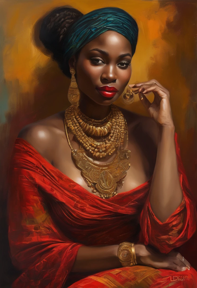 Beautiful woman Ebitimi wearing red dress, (((big boobs))), (((cleavage))), vestido ornamentado vermelho, mulhee negra africana, mulher vermelha bonita, usando um vestido africano, beleza estonteante, mulher deslumbrante, Tema vermelho cabelo ondulado, mulher africana