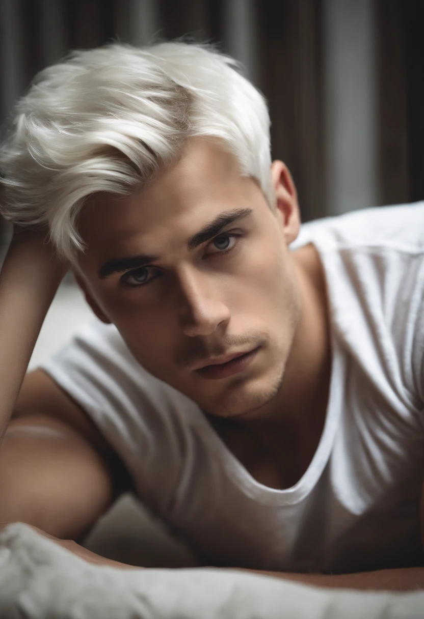 20-year-old male with white hair, two block haircut , dressed in a plain white tank top, lying on a bed, pensive expression