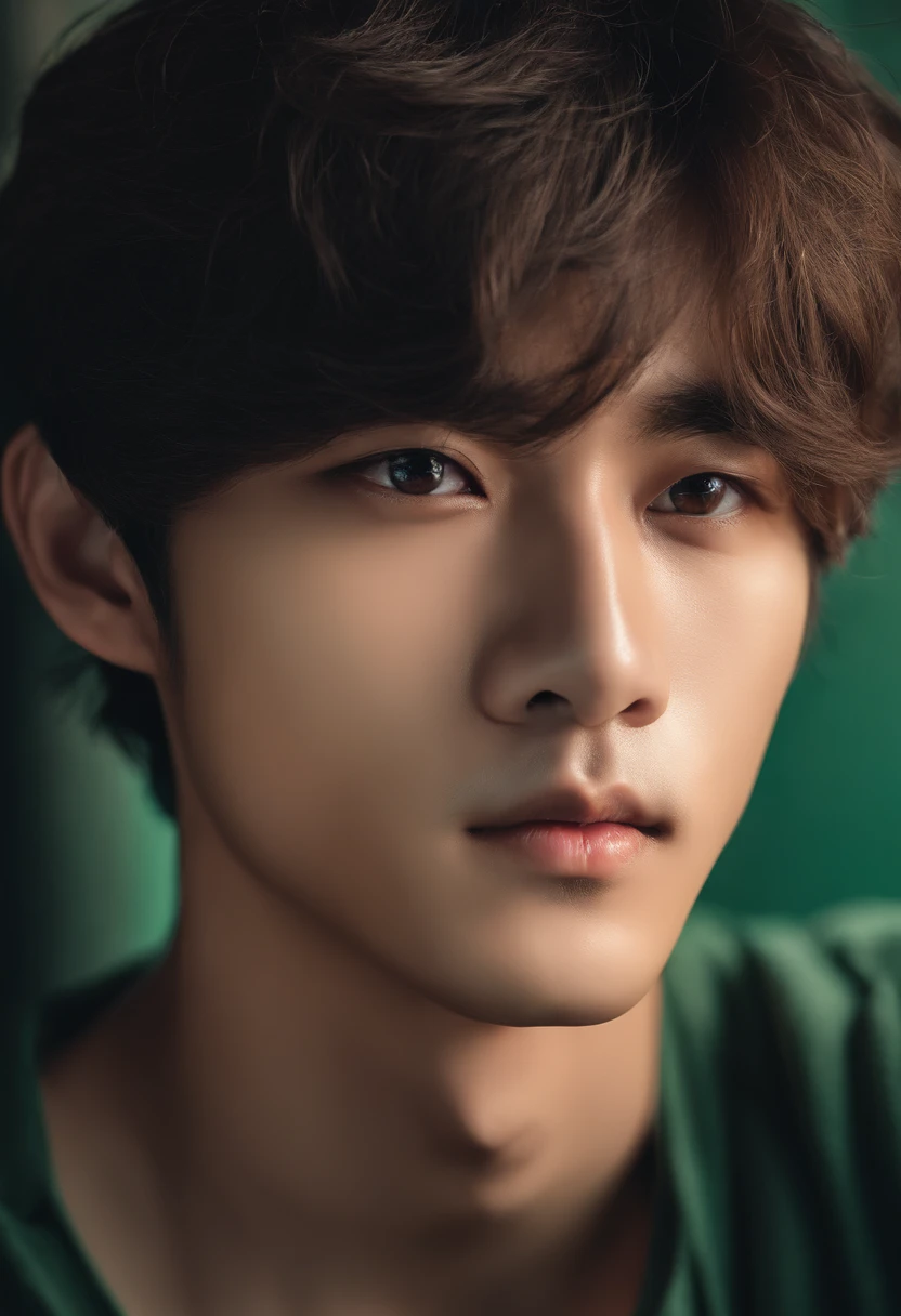 1boy, Asian, soft looking, big eyes, green eyes, portrait, 85mm, face, close-up, Kim Taehyung
