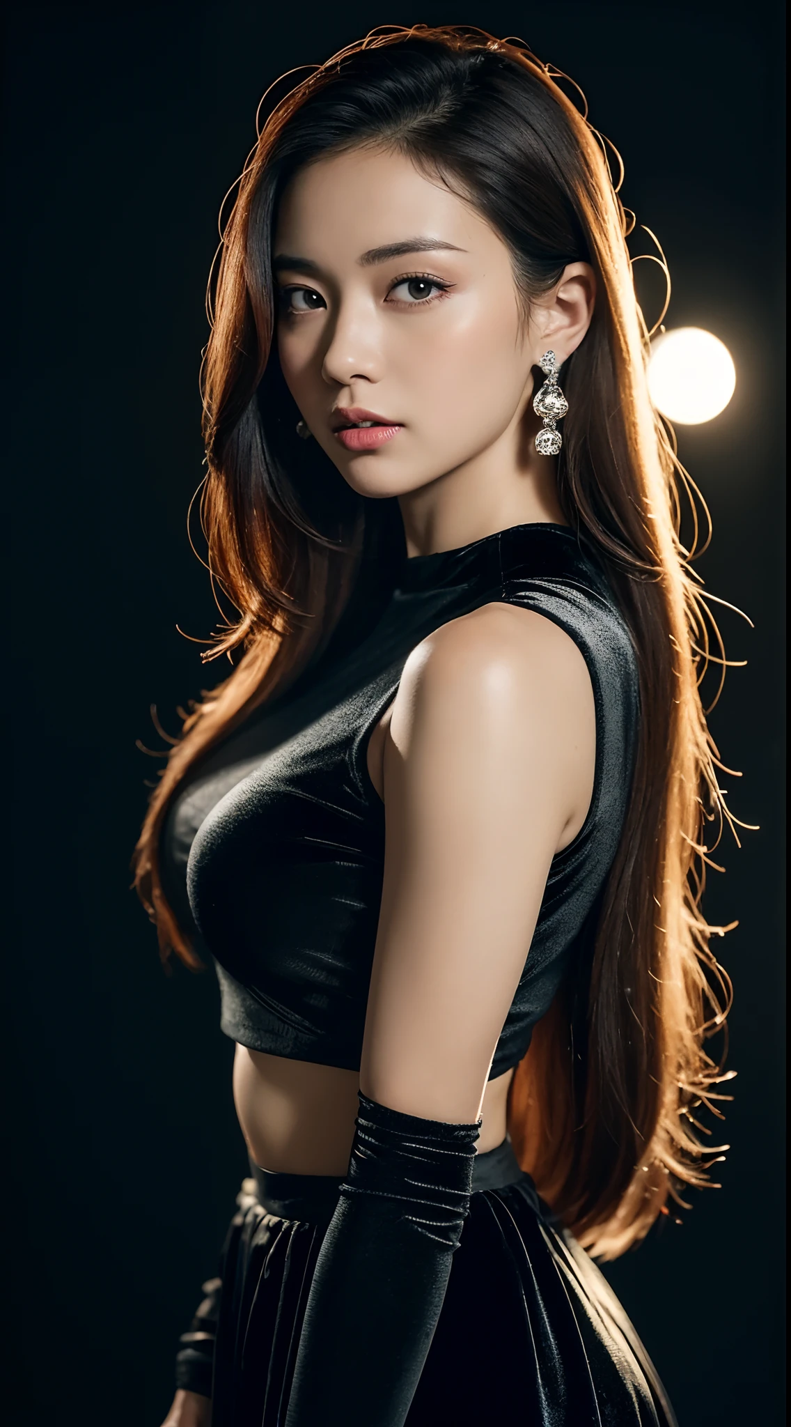 A steady diffusion cue for a given topic would be:
"(Best quality,4K,8K,A high resolution,Masterpiece:1.2), Ultra-detailed, (Realistic,Photorealistic,photo-realistic:1.37), (...CGI:1.1), velvet, Escultura, Red hood, exposed midriff, Celebrity tiara, Roll sleeve, Lips, Avoid the gaze, Close-up, Turn your head, with black background"