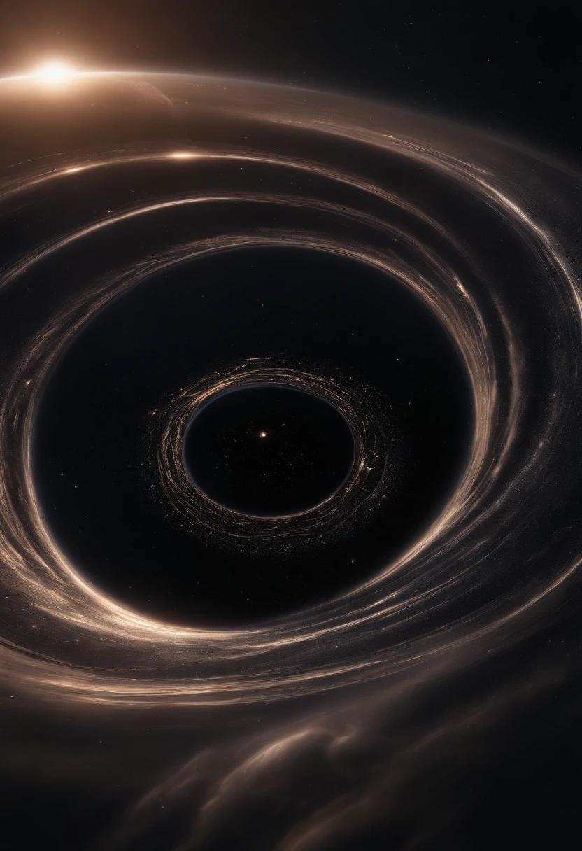 Generate a supermassive black hole, Sagittarius A*. Show it surrounded by swirling, distorted space-time to illustrate its immense gravitational influence.