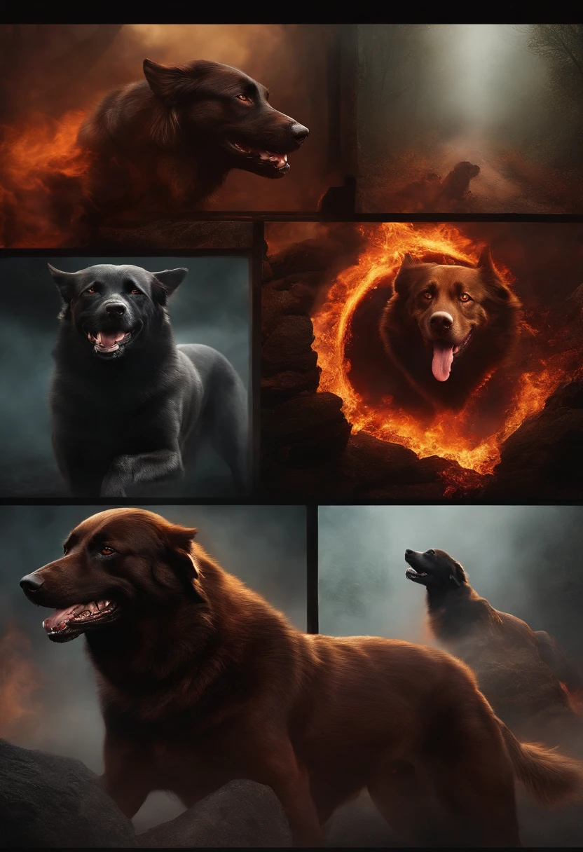 Hell dog cerberus, pele preta, olhos vermelhos e fogo eterno no fundo, correntes no meio e condenados a vista