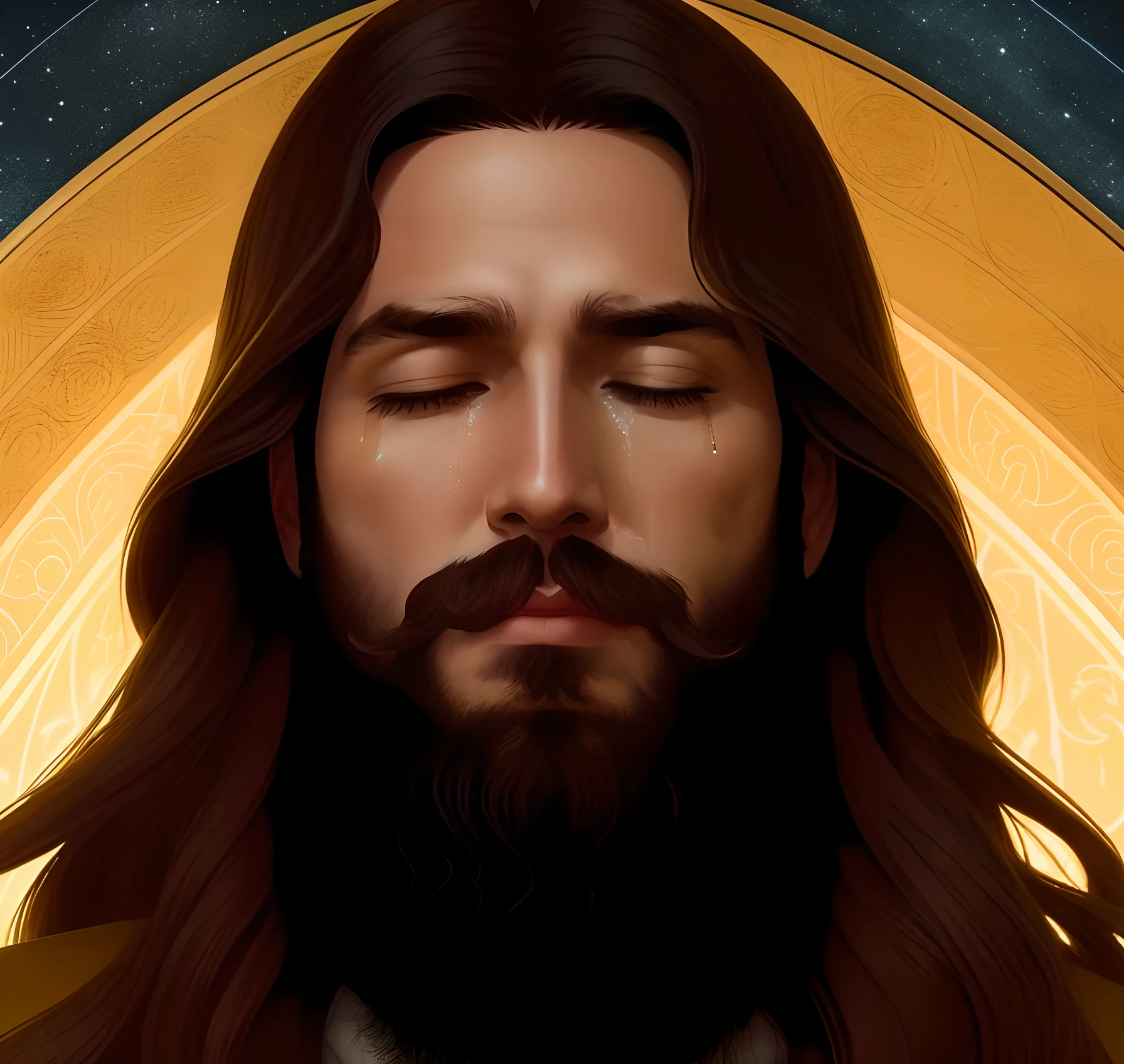 Bright tears with the reflection of light, Tears streaming down Jesus' face, Runny water