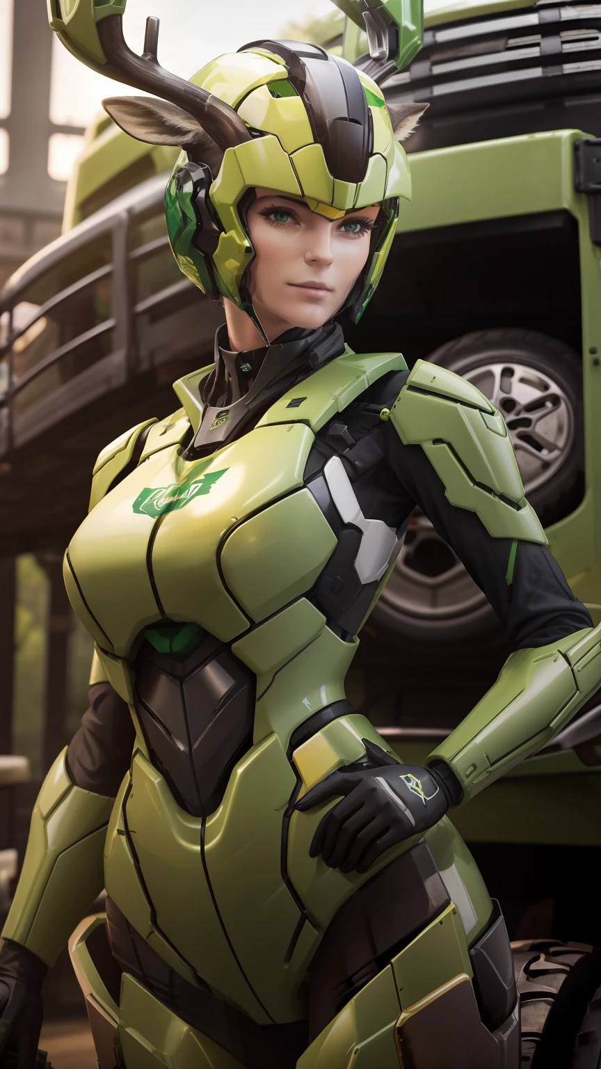 Masterpiece, realistic, green and yellow, female tractor robot,sexy,deer logo, transformer, metallic face,