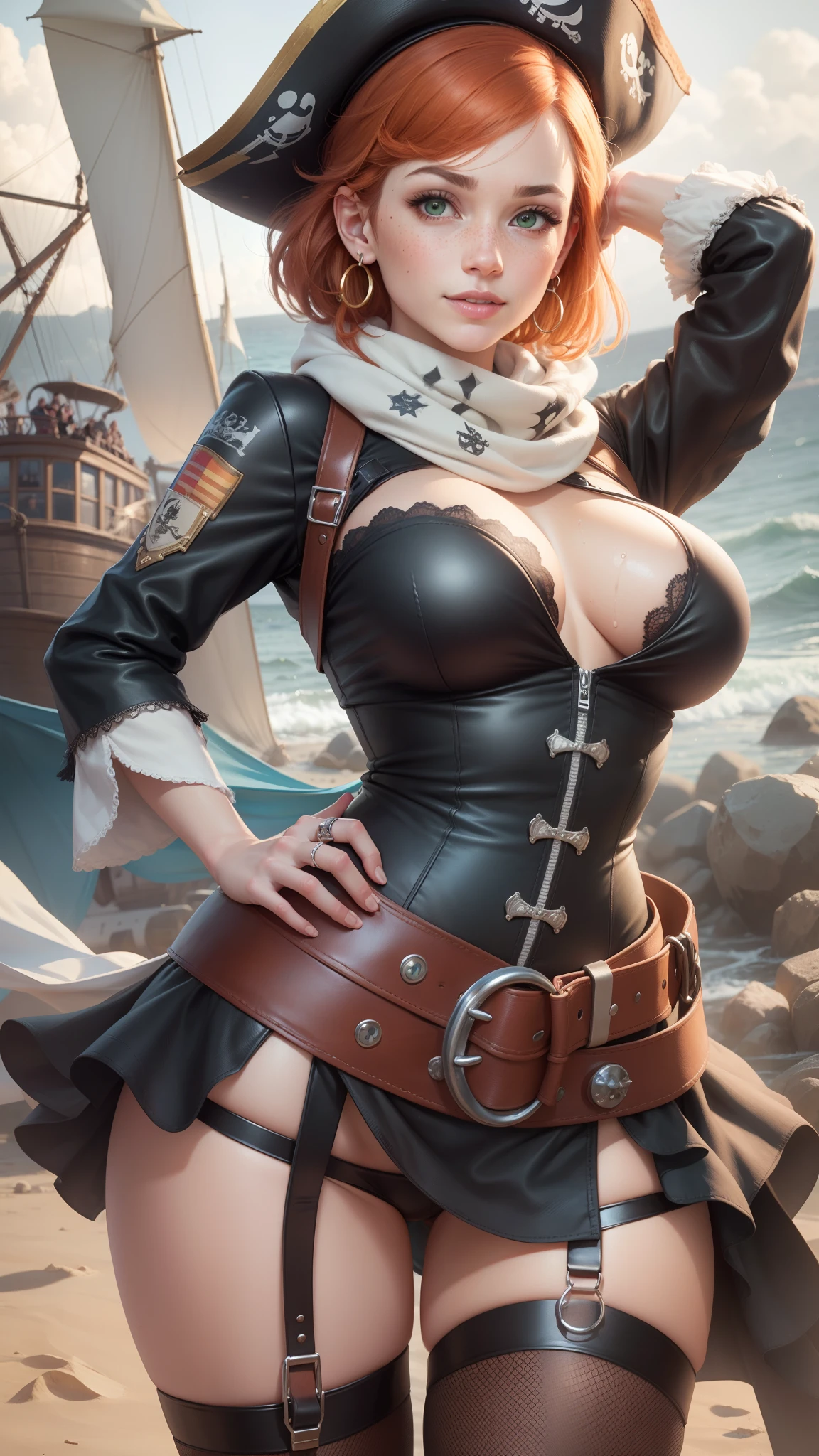 gwen tennyson,tracer,reisalin stout, nier automata,teenager,pirate outfit, beach,green eyes,long scarf,thigh high boots,garter belt,shy smile,striped panties,short hair,orange hair,pirate ship,white striped top,open-front skirt,wet shirt,freckles,redhead,pirate corset,pirate jacket,beautiful girl,large breasts,ultra detailed,realistic,pearl earrings,