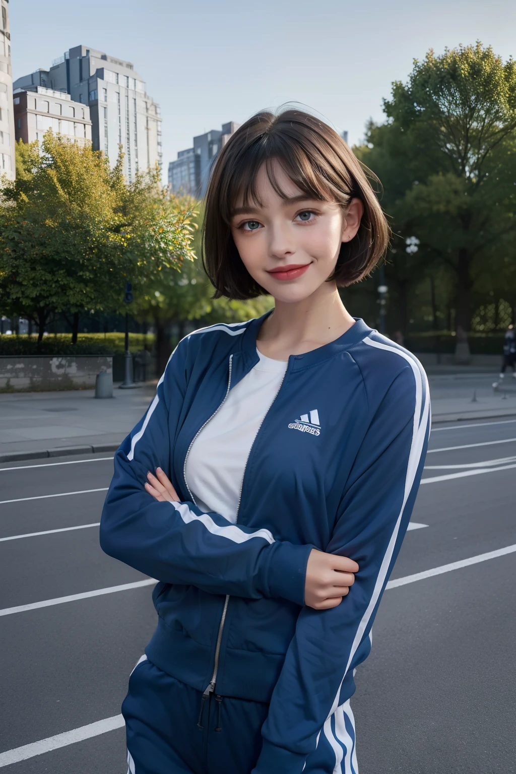 a portrait photo of 10 y.o european happy smiling girl, grey-blue eyes, brown hair, Bob haircut, sport wear clothes, Dark blue #28395b and red #b9161c with white stripes track suit, standing in the central city park, cinematic, photo