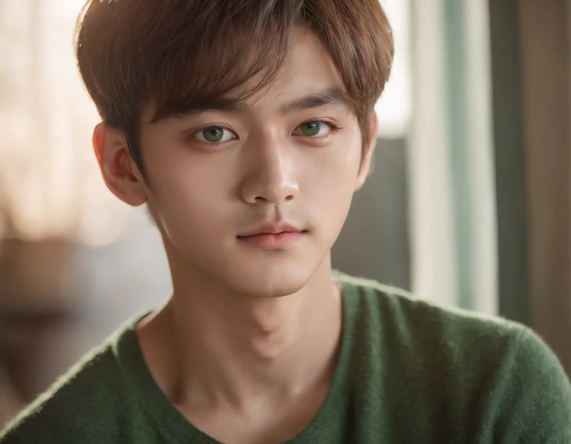 1boy, Asian, soft looking, big eyes, green eyes, portrait, looking at camera, 85mm, face, close-up, Kim Taehyung