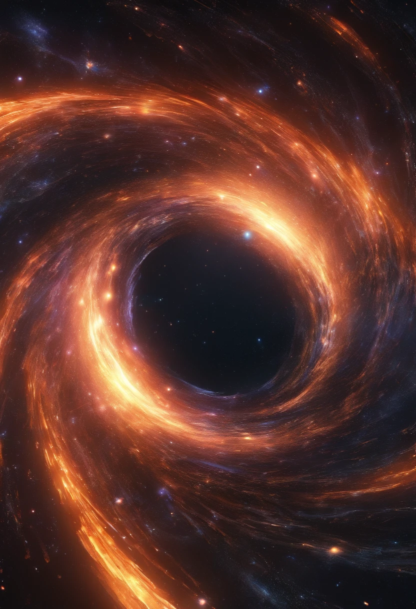 Generate a supermassive black hole, Sagittarius A*. Show it surrounded by swirling, distorted space-time to illustrate its immense gravitational influence.