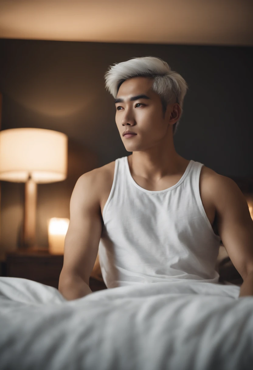 20-year-old asian male with white  hair, two block haircut , dressed in a plain white tank top, lying on a bed, pensive expression