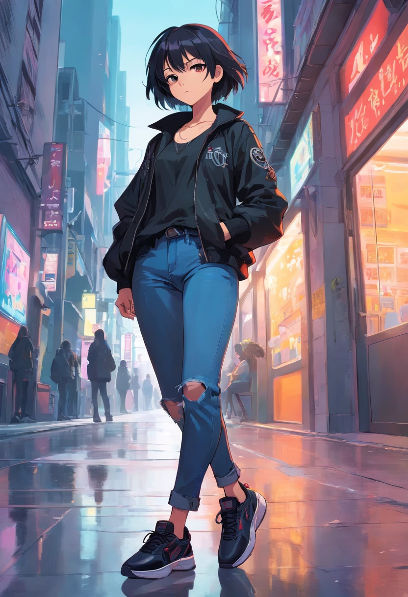 Goth woman beauty nice figure in black jacket and jeans cool sneakers with pistol