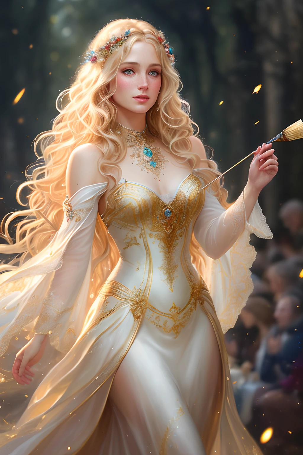 (((realistic painting))), (full body: 1.6), (amazing glamour)) woman at renaissance festival, ((perfectly feminine face)), (+blonde wavy long hair), (+sparkle Glowing freckles), (glitter), in flowing dress, intricate, 8k, highly detailed, volumetric lighting, digital painting, intense, sharp focus, (artgerm and rutkowski and alphonse mucha)), (cloth simulation) , (wind), cgsociety, good anatomy, great lighting, subsurface scattering, award winning, masterpiece, (perfect skin textures)), ((realistic)), (style-sylvamagic: 0.6)