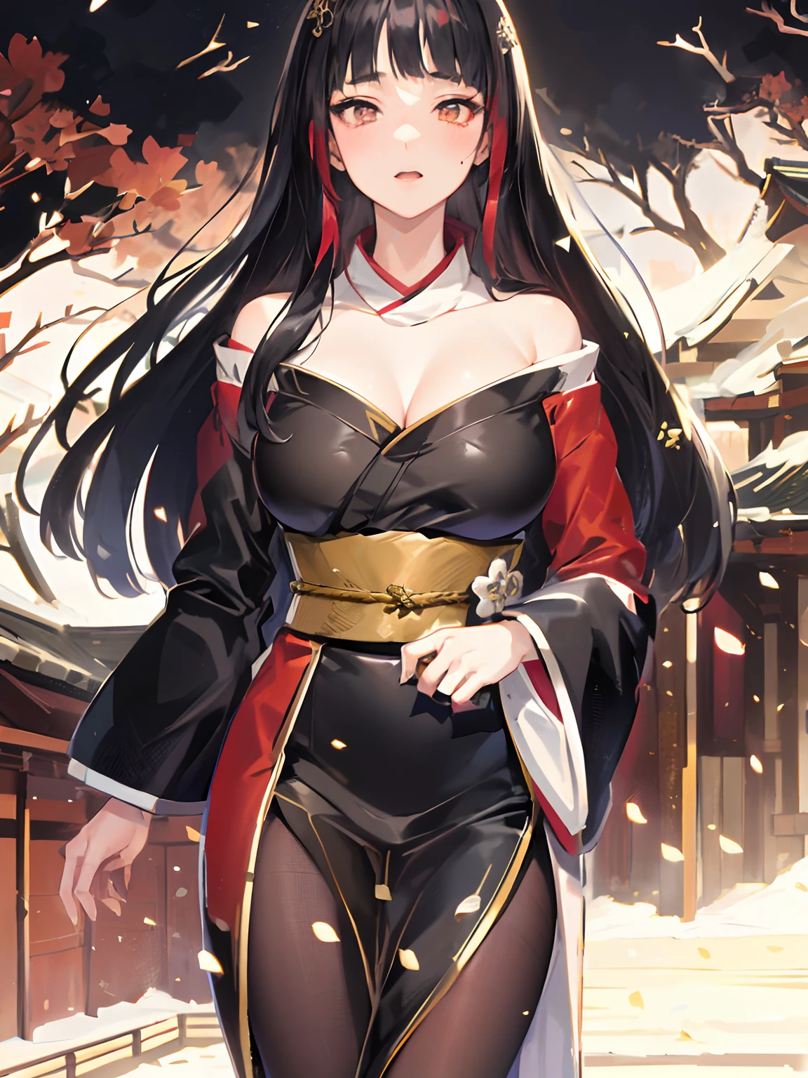 (Masterpiece, 4k resolution, ultra-realistic, very detailed), 1 girl, fox ears, fox girl, (multiple fox tails:1.5), sidelocks, brown hair, very long hair, bangs, (red eyes1.6), (red eyeliner:1.6), beautiful goddess woman, 40 years old, japanese clothes, tight clothes, cleavage, perfect body, perfect breasts, tight black skirt, clothing cutout, thighs, (no panties:1.5), gloves, smile, white clothes,