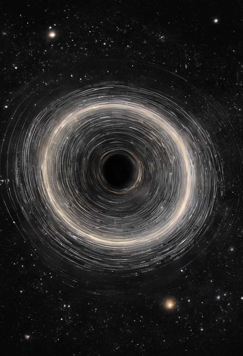 Generate a supermassive black hole, Sagittarius A*. Show it surrounded by swirling, distorted space-time to illustrate its immense gravitational influence.