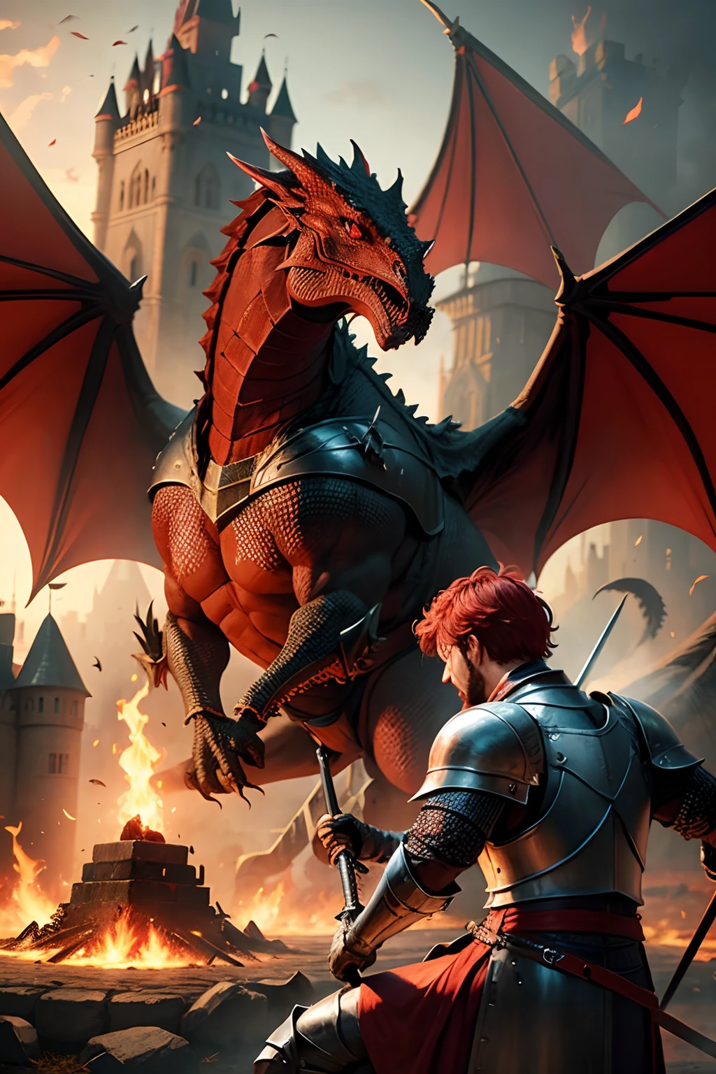 realistic image of a medieval knight slaying a red dragon, with a scene of a burning castle in the background