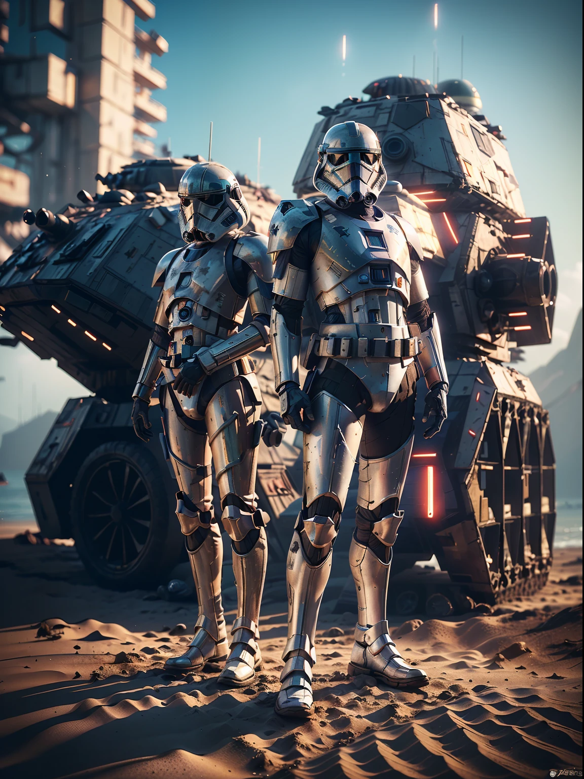 Remove the background, remove the text, remove logos from the picture, keep the shore trooper, exact same weapon, exact same armor, exact same pose, ((masterpiece, best quality:1.4)), (beautiful, aesthetic, perfect, delicate, intricate:1.2), (poorly_lit_Scarif_beach, Starwars), (high contrast), (nsfw), (shoretrooper, helmet, breastplate, shoulders guard, arms guard, tibiae's guard, brown pants, brown leather boots), (sand-colored armor, with a red band around their right arm and a white stripe around their left shoulder guard, E-22 blaster), (shoretrooper squad leader, Starwars), outside Scarif, full body, exact shoretrooper,