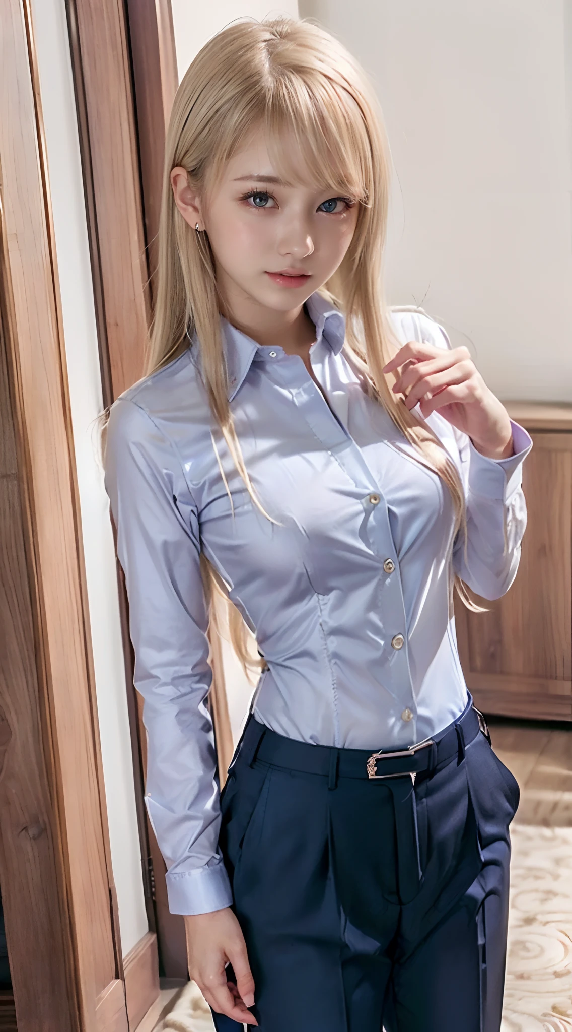 Very beautiful cute face、shiny beautiful skin、White beautiful skin、Beautiful pale light blue eyes, Beautiful very long blonde hair、(Blonde hair:1.3)、Sexy swaying bangs、18 years old cute little face beautiful girl、Neat suit and trousers、Suit jacket、(Inner shirt、Shirt、trouser:1.5)、Inner shirt、(Suits:1.2)、(dynamicposes:1.2)、(inside in room:1.3)、