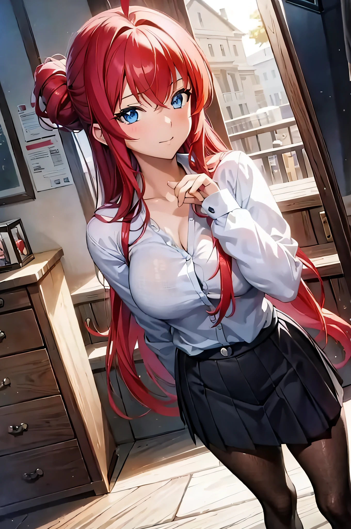 (masterpiece, best quality, detailed),1girl,rias gremory,red hair, ahoge, blue eyes, large breasts , in a skirt and shirt posing for a picture, (sfw), seductive anime girl, ttractive anime girl, smooth anime cg art, anime moe artstyle, realistic schoolgirl, at pixiv, detailed digital anime art, digital anime illustration, hyperrealistic schoolgirl, beautiful anime girl, casual pose,clean detailed anime art,high resolution, (perfect hands, perfect anatomy),