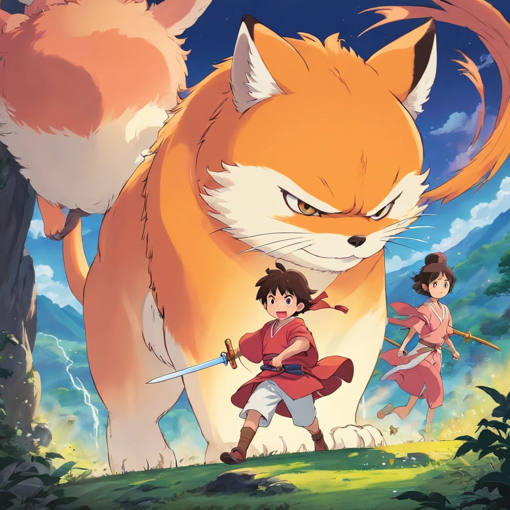 A breathtaking illustration depicting the epic story of Momotaro, the Peach Boy. Showcase Momotaro, a brave young hero in vibrant peach armor, wielding a magical sword. Surround him with loyal animal companions: a fierce dog, a wise monkey and a fearless pheasant. Capture the determination in Momotaro's eyes as he embarks on his quest to defeat the evil demons. The illustration should be filled with vibrant colors, intricate details, and a sense of movement, as if it's frozen in the middle of an action-packed moment.