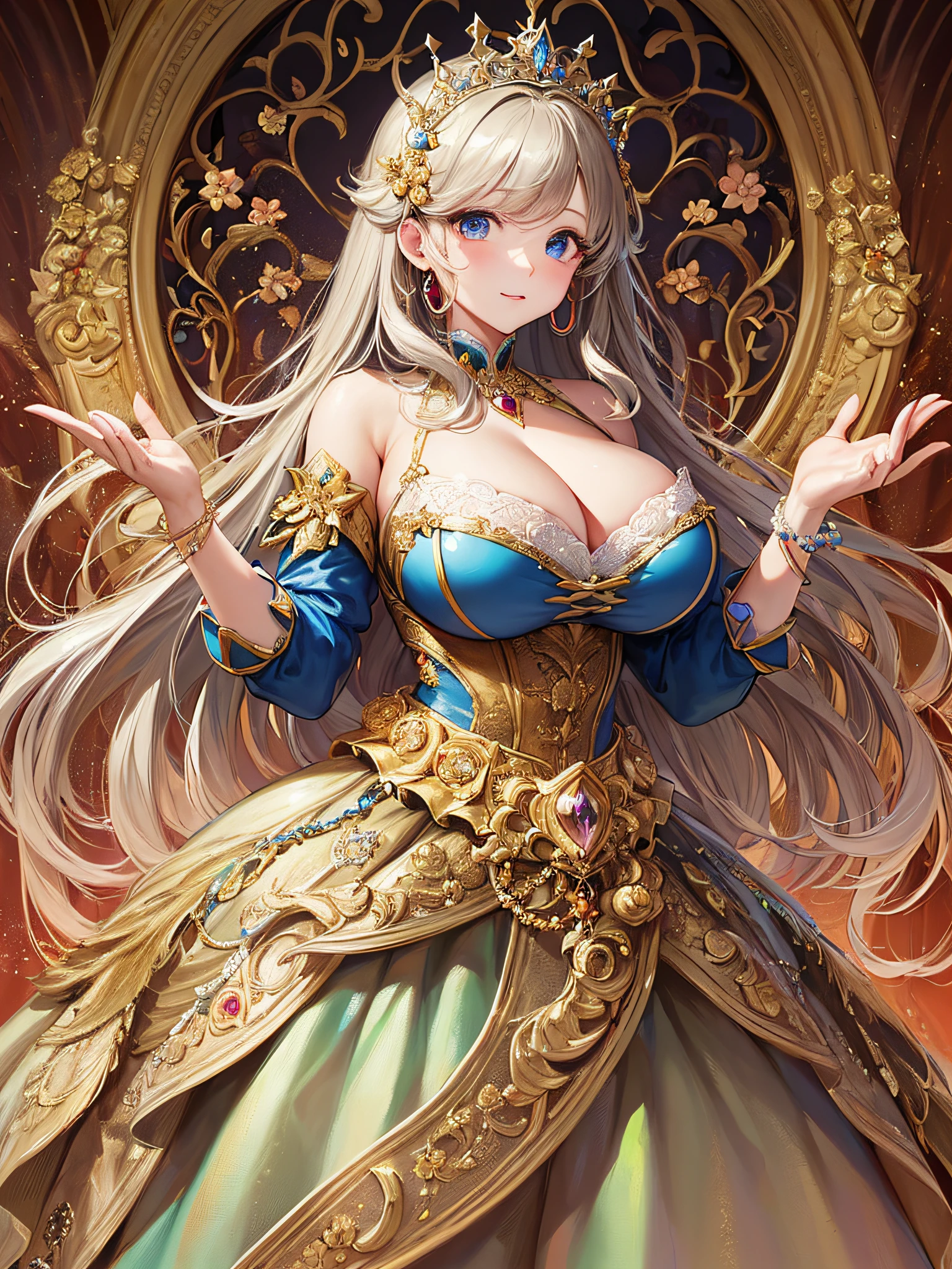 (masterpiece, best quality,extremely detailed:1.1),(moe anime art style:1.3),1 girl,((full body portrait)),standing in palace of versailles,((solo)),cute,kawaii,digital art,(((1 princess wearing gorgeous princess rococo ballgown with voluminous full length hoop skirt))),((crinoline)),long train,((beautiful embroidery and jeweled)),voluminous frills,See-through,(gorgeous embroidery and beautiful lace),(((gigantic tits,skindentation,cleavage))),(((very long hair,very long straight hair))),((finely detailed face and eyes)),clear pupil,extremely gorgeousfull hair ornament,(bling-bling jeweled extremely gorgeousfull tiara),(bling-bling gorgeous gemstone jewelry),long veil,(beautiful background),full body,((gorgeous princess rococo ballgown with voluminous full length hoop skirt))