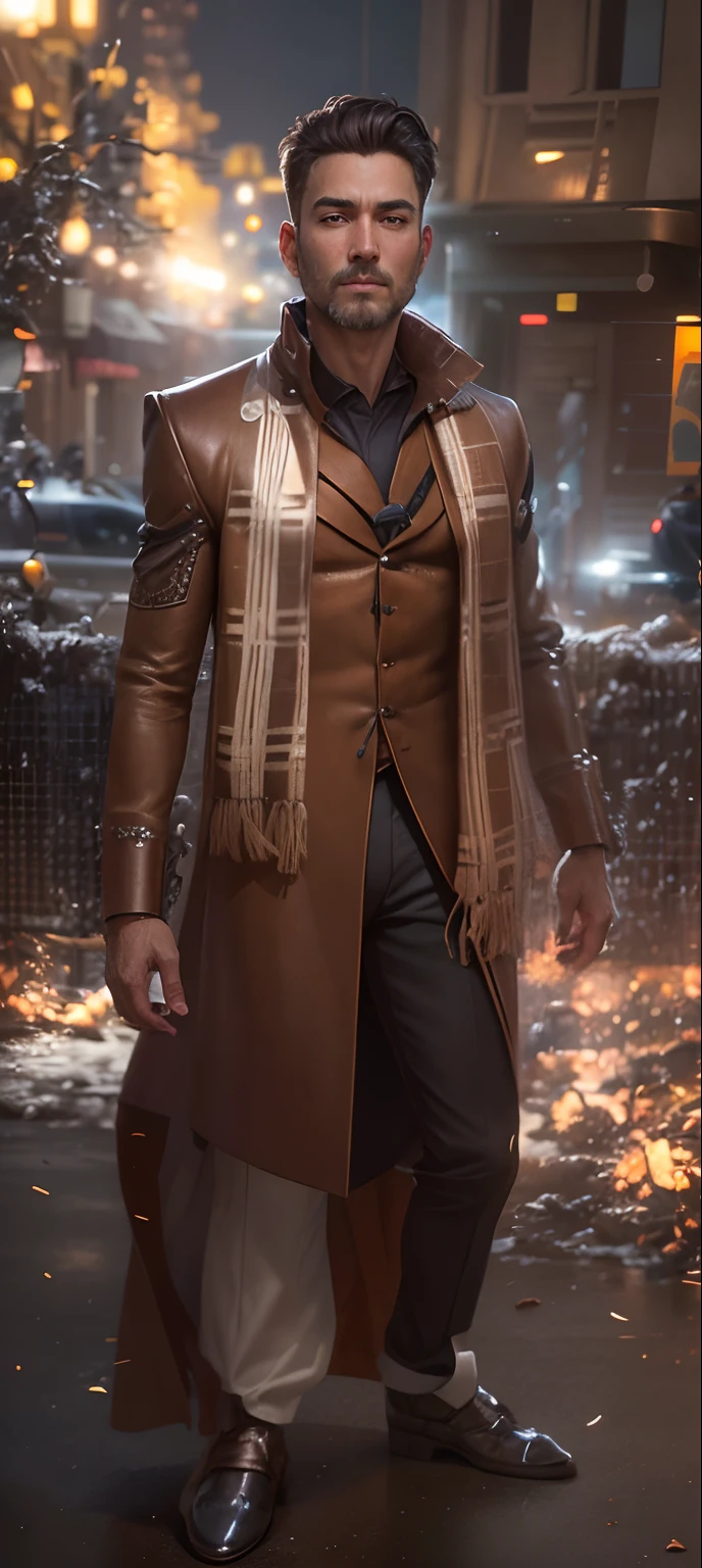 Portrait photo of a handsome male full body photo, perfect eyes, wearing a shabby mecha coat, ((light bokeh)), intricate, (steel metal [rust]), elegant, sharp focus, photo by Greg Rutkovsky, soft lighting, bright colors, masterpiece, (street)), detailed realistic face, close-up of the face
