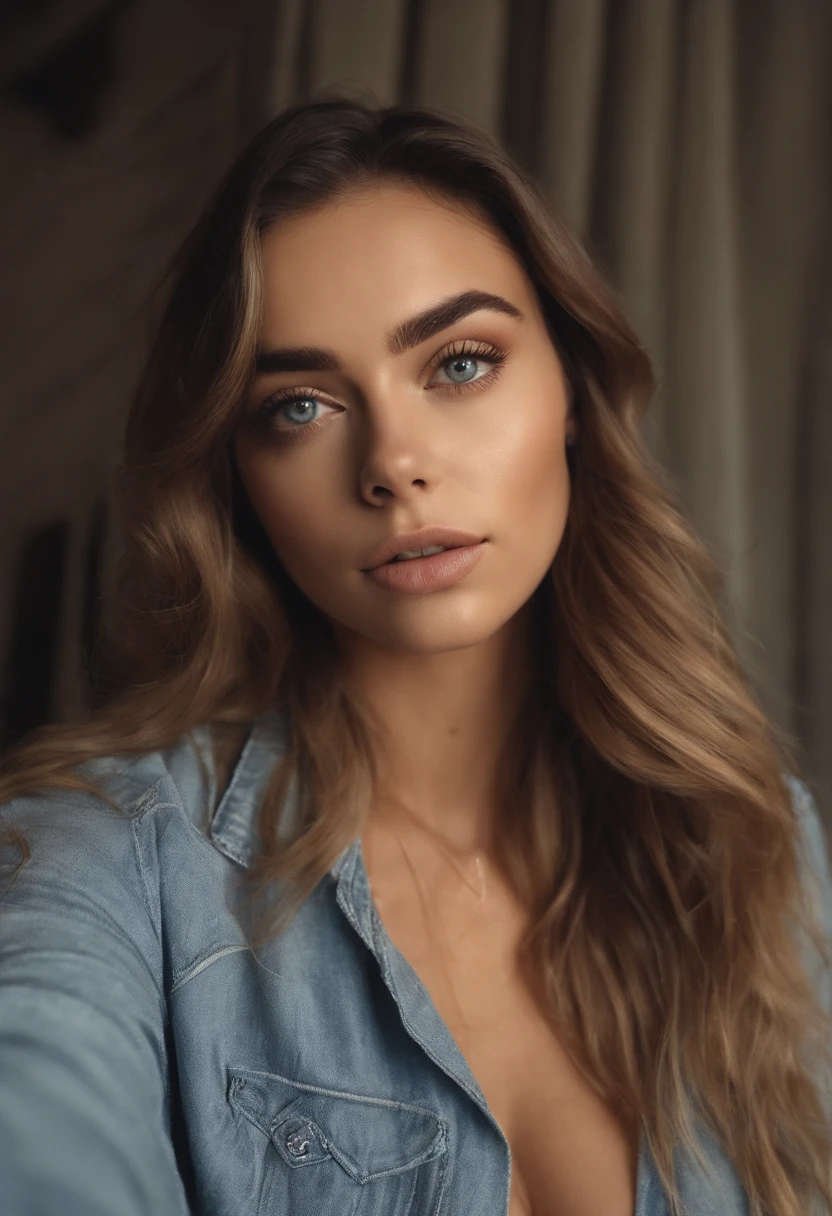 Arafed Mujer totalmente , Chica sexy con ojos azules, ultra realista, meticulosamente detallado, Retrato Sophie Mudd, cabello rubio y ojos grandes, selfie de una mujer joven, Ojos del dormitorio, Violeta Myers, sin maquillaje, Maquillaje natural, staring directly into camera, cara con artgram, maquillaje sutil, Impresionante foto de cuerpo completo arrodillado en la cama, En el dormitorio, Medium to large size bust