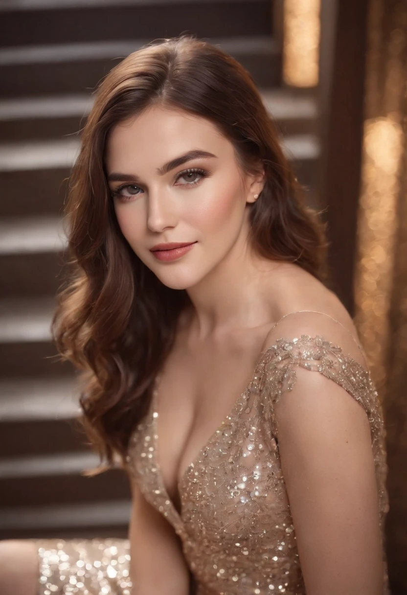 photography of 1 stunning 23 year old girl , wearing sequin party dress , brunette hair ,on stairs , portrait picture, smiling, looking into camera , spectacular lighting, gorgeous, (deep cleavage), photoshoot, western, (masterpiece), best quality, high resolution, extremely detailed background, skin with pores, , cinematic lighting Completed , full body portrait
