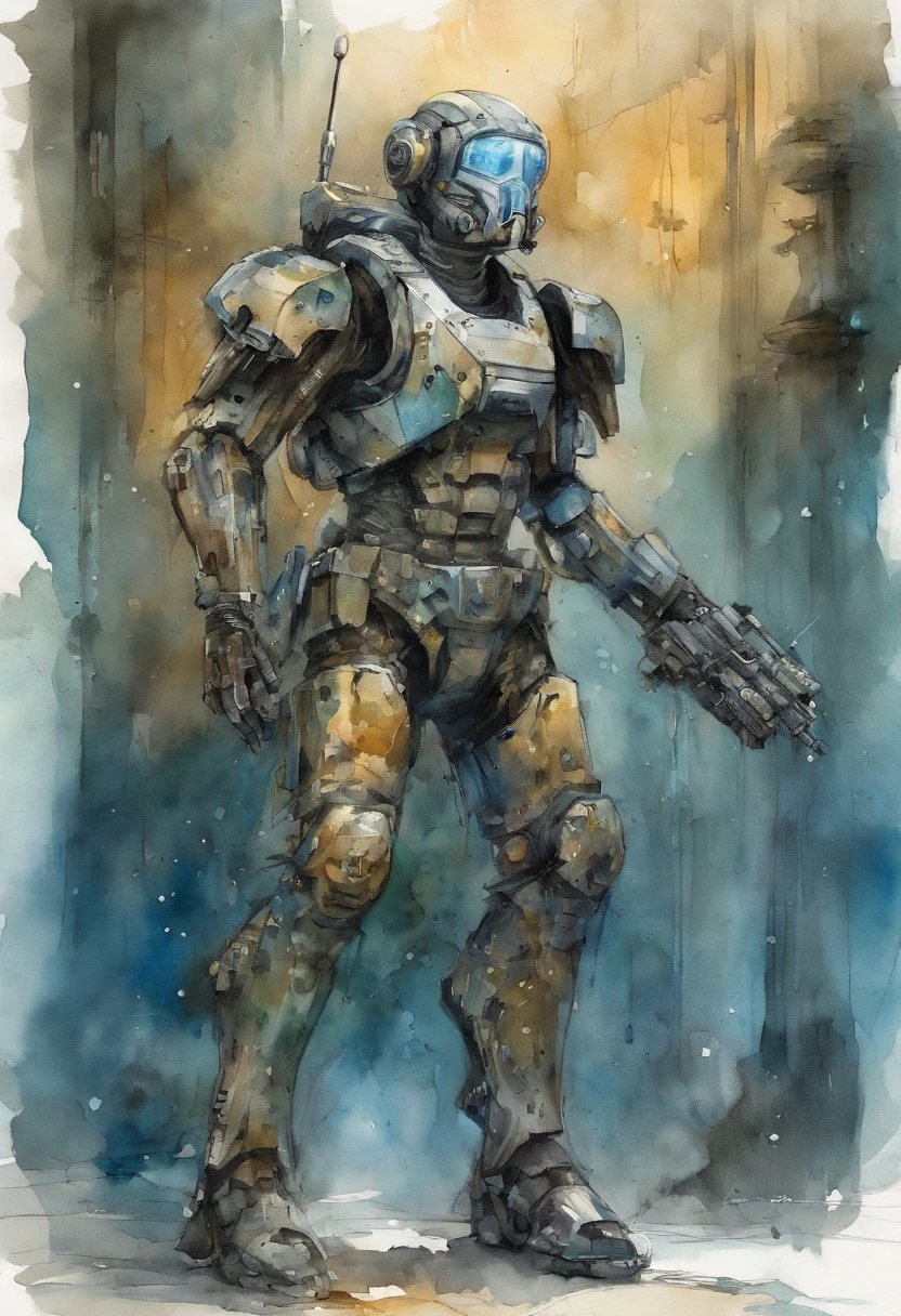 A powerful adult, 1,78 cm tall woman in her mega detailed mecha suit, covering her skin completely outside the face and feet, ,blue eyes, innocent facial expression, chin-length wavy blonde hair, a mask covering her mouth and nose, knee-length synthetic armor skirt , teal and black aesthetics, barefooted, heavily armed, Cyberpunk Visor, High-tech graphics throughout the costume, best qulaity, Meisterwerk, Perfect Body, standing barefoot.