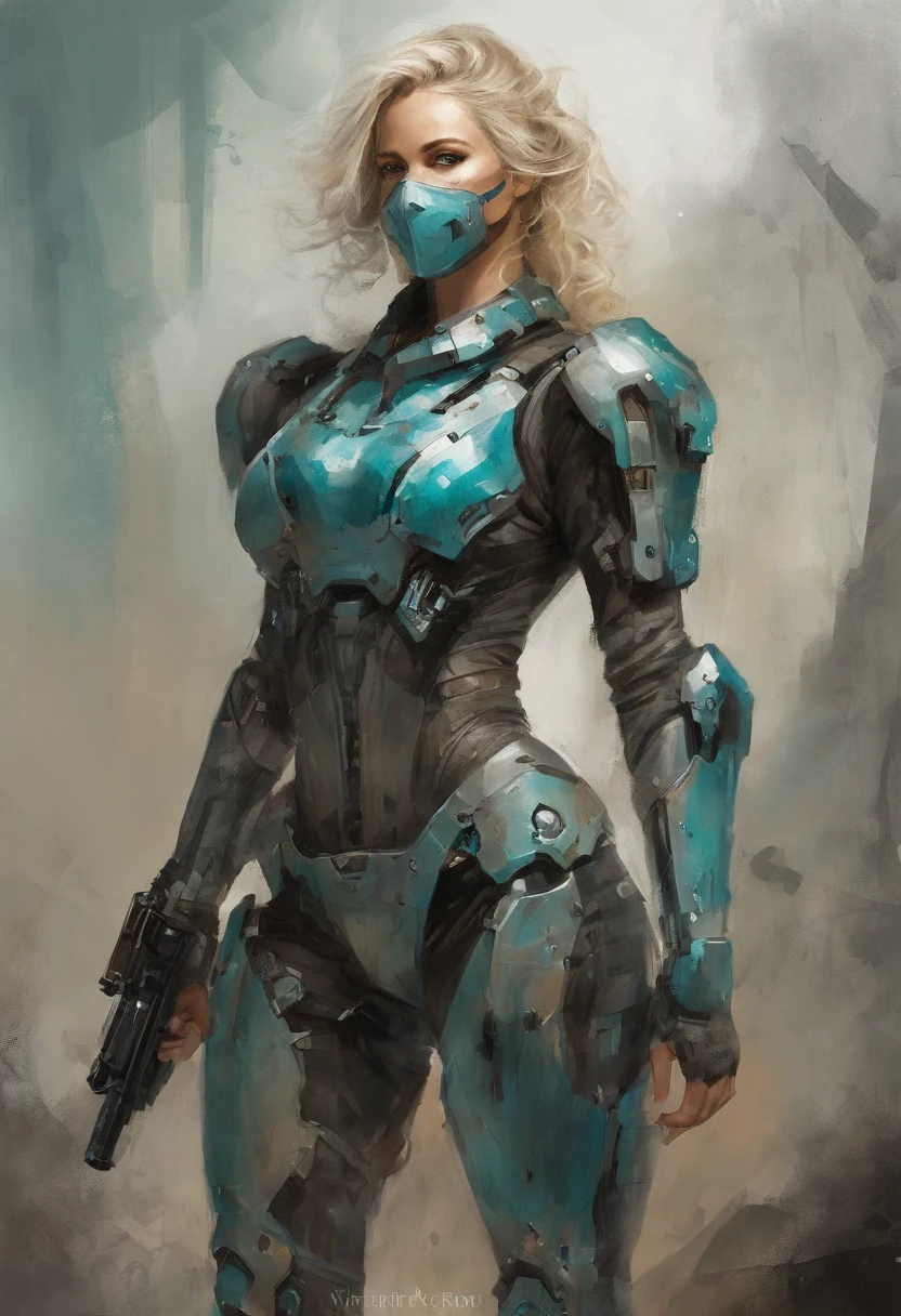 A powerful adult, 1,78 cm tall woman in her mega detailed mecha suit, covering her skin completely outside the face and feet, ,blue eyes, innocent facial expression, chin-length wavy blonde hair, a mask covering her mouth and nose, knee-length synthetic armor skirt , teal and black aesthetics, barefooted, heavily armed, Cyberpunk Visor, High-tech graphics throughout the costume, best qulaity, Meisterwerk, Perfect Body, standing barefoot.