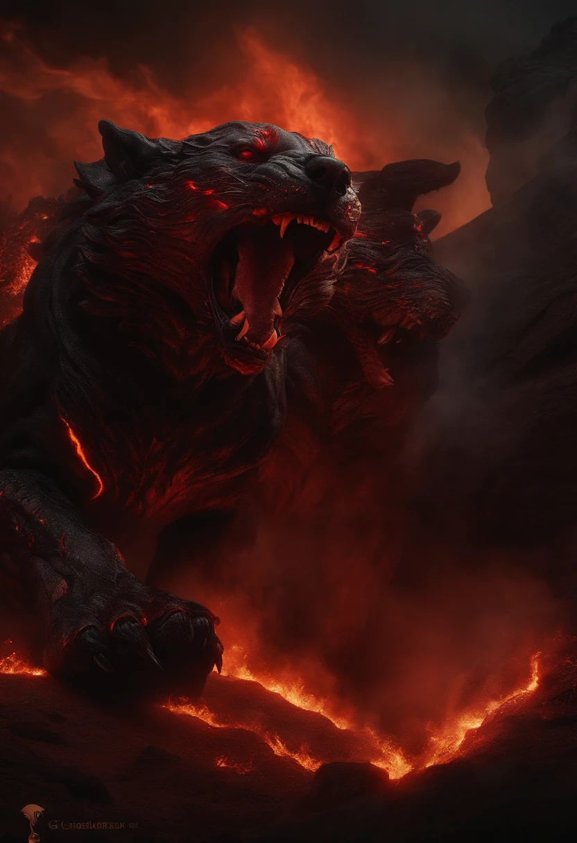Guardian of Hell, cerberus, olhos vermelhos, fogo ao redor, imagem em 4k uhd