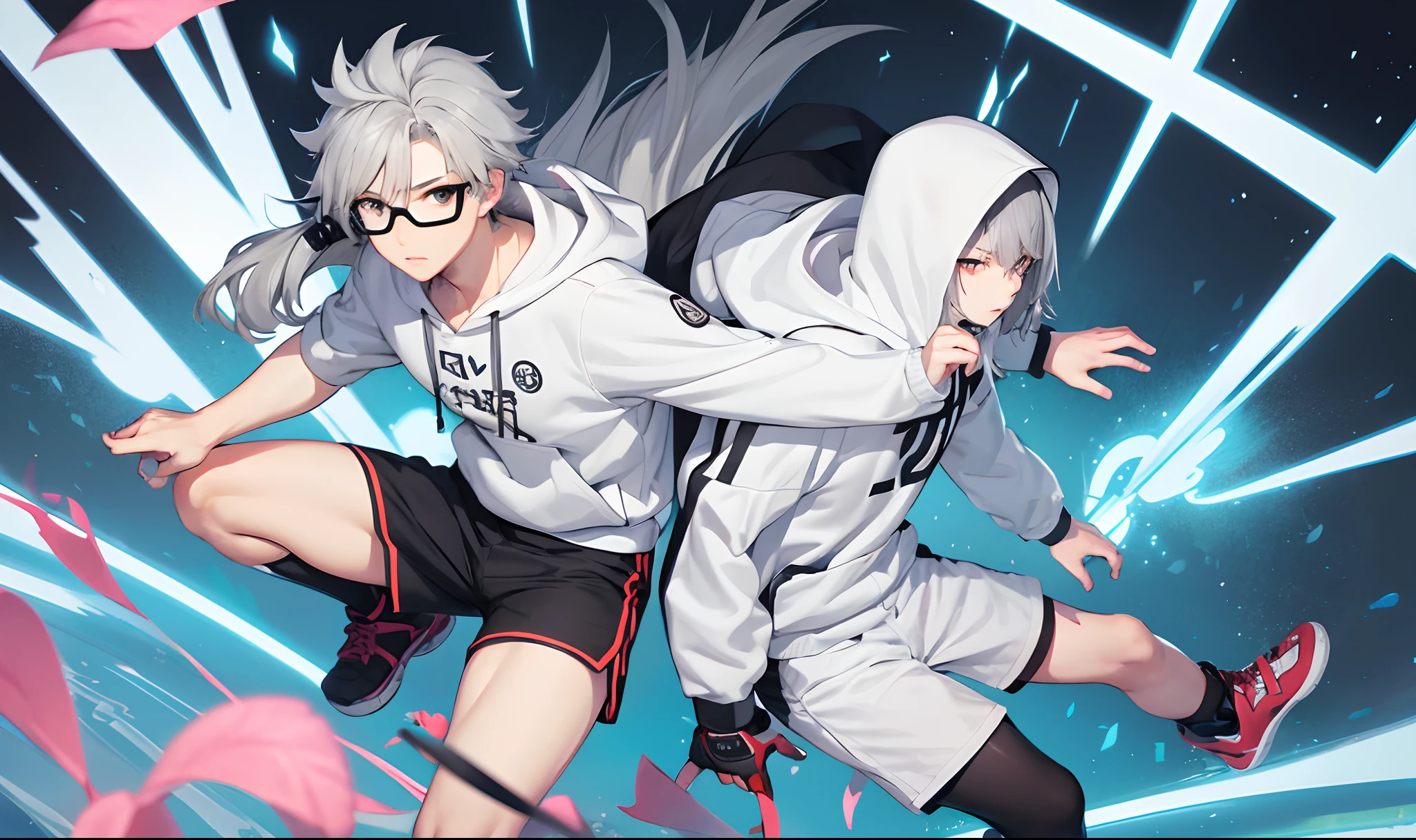 Gray-haired Japanese anime youth, VR glasses,, White hoodie, White shorts, No tattoos, No beard