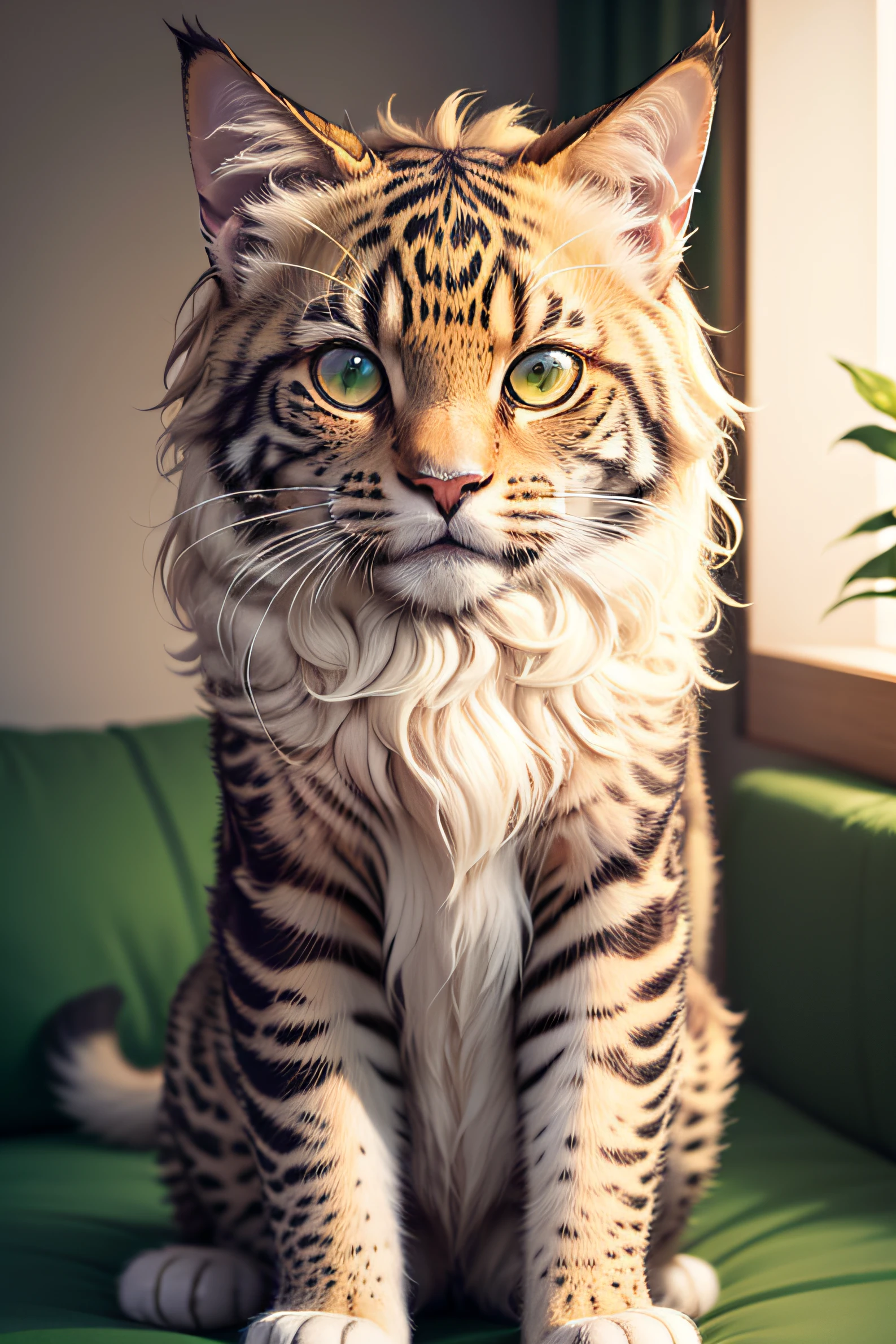 Gatinho bonito Mainecoon, Estilo do gato de Bengala, olhos verdes, cor laranja, jaguar spots, master part, alta qualidade, Detalhes altos, ultra-detalhado, fotorrealista