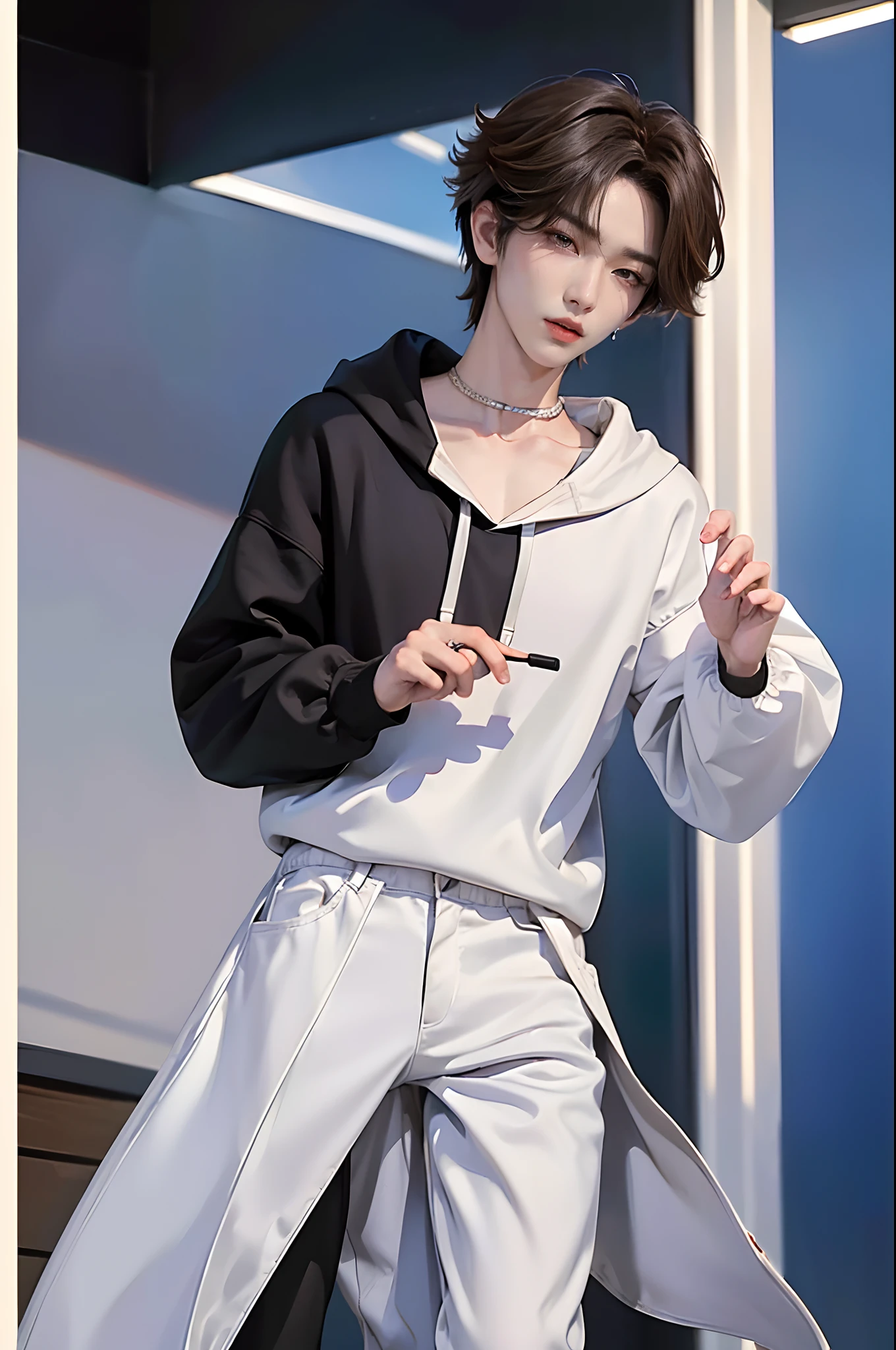 ((4K works))、masterpiece、(top-quality)、((high-level image quality))、((One Manly Boy))、Slim body、((Stylish black hoodie and long white pants))、(Detailed beautiful eyes)、Stroll around the city、Face similar to Chaewon in Ruseraphim、((short hair above the ears))、((Smaller face))、((Neutral face))、((Light brown eyes))、((Korean boy))、((18year old))、((Handsome man))、((Wild look))、((Korean Makeup))、((elongated and sharp eyes))、((Happy dating))、((Walk next to the viewer))、((shot from a side angle))