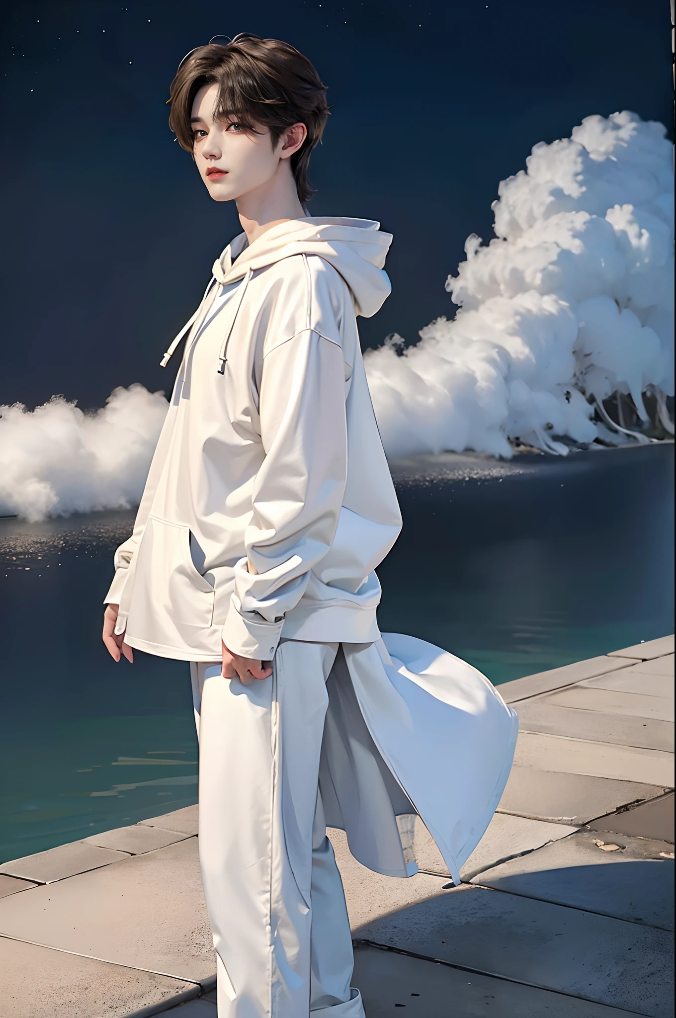 ((4K works))、masterpiece、(top-quality)、((high-level image quality))、((One Manly Boy))、Slim body、((Stylish black hoodie and long white pants))、(Detailed beautiful eyes)、Stroll around the city、Face similar to Chaewon in Ruseraphim、((short hair above the ears))、((Smaller face))、((Neutral face))、((Light brown eyes))、((Korean boy))、((18year old))、((Handsome man))、((Wild look))、((Korean Makeup))、((elongated and sharp eyes))、((Happy dating))、((Walk next to the viewer))、((shot from a side angle))